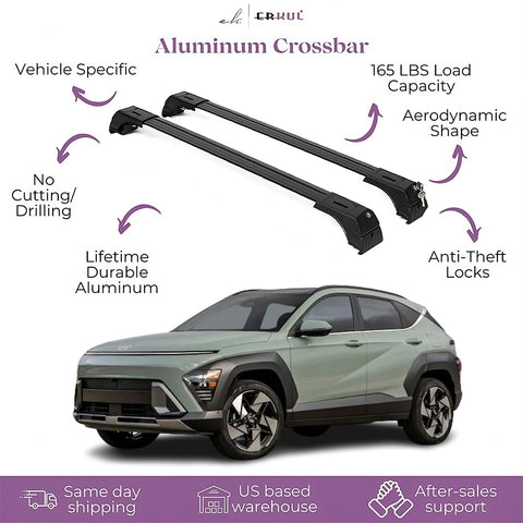 ERKUL Roof Rack Cross Bars for Hyundai Kona & Kona Electric 2024 | Anti-Theft Lock Aluminum Crossbars for Rooftop Cargo Carrier Luggage Kayak Canoe Bike | Black