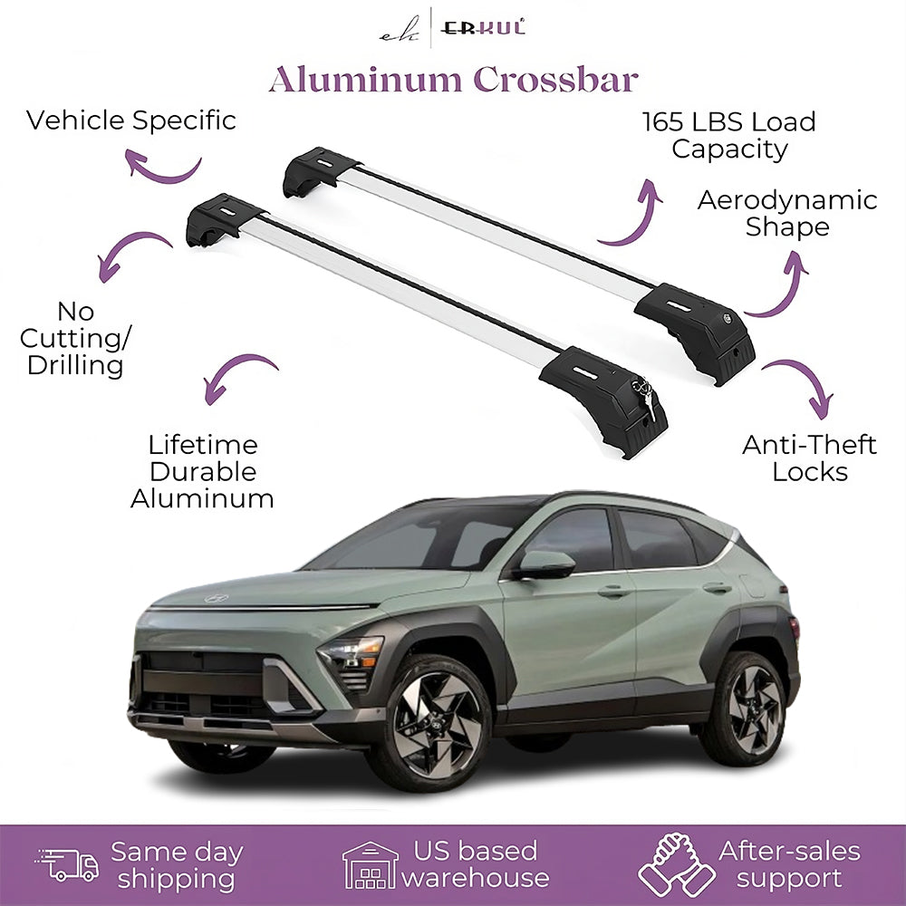 ERKUL Roofrack Crossbar Fit Hyundai Kona Electric 2024-25 Fits Flush Rail Silver