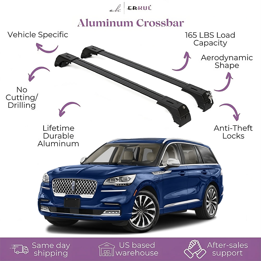 ERKUL Roof Rack Crossbars Fit Lincoln Aviator 2020-2025 Fits Flush Rails Black