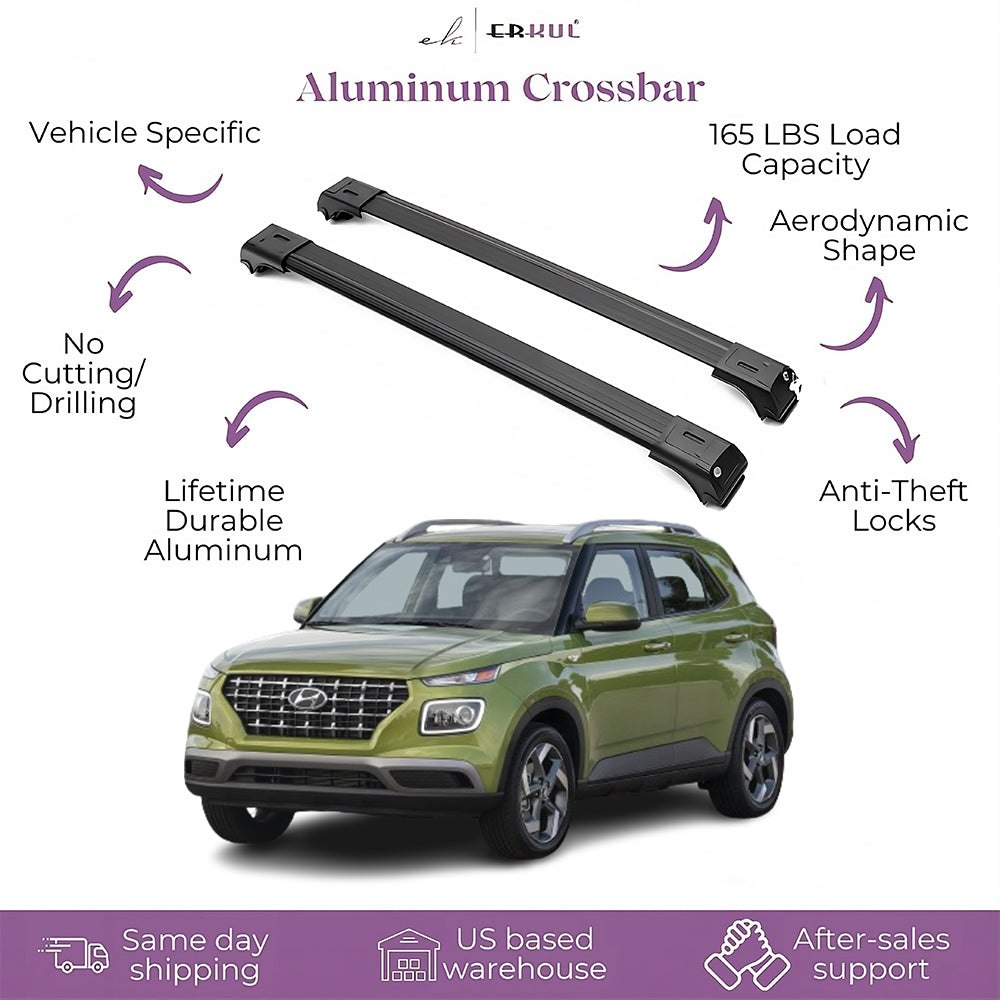 ERKUL Roof Rack Cross Bars Fits Hyundai Venue 2020-2025 Fits Raised Rails Black