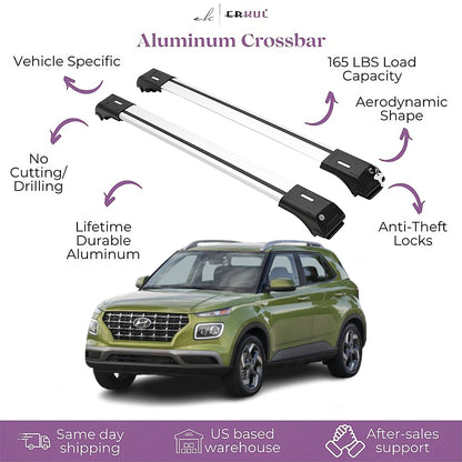 ERKUL Roof Rack Cross Bars Fits Hyundai Venue 2020-2025 Aluminum Lockable Silver