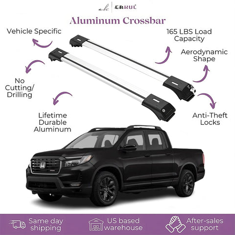 ERKUL Roof Rack Cross Bars for Honda Ridgeline 2017-2024 | Anti-Theft Lock Aluminum Crossbars for Rooftop Cargo Carrier Luggage Kayak Canoe Bike | Silver