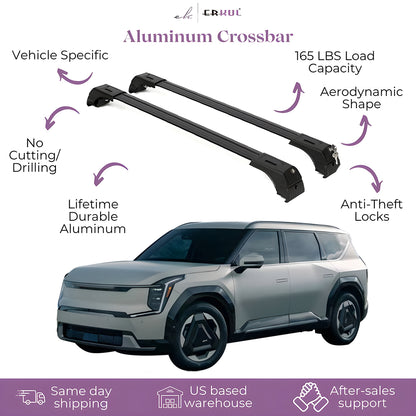 ERKUL Roof Rack Cross Bars Fits Kia EV9 2024-2025 Aluminum Lockable Black