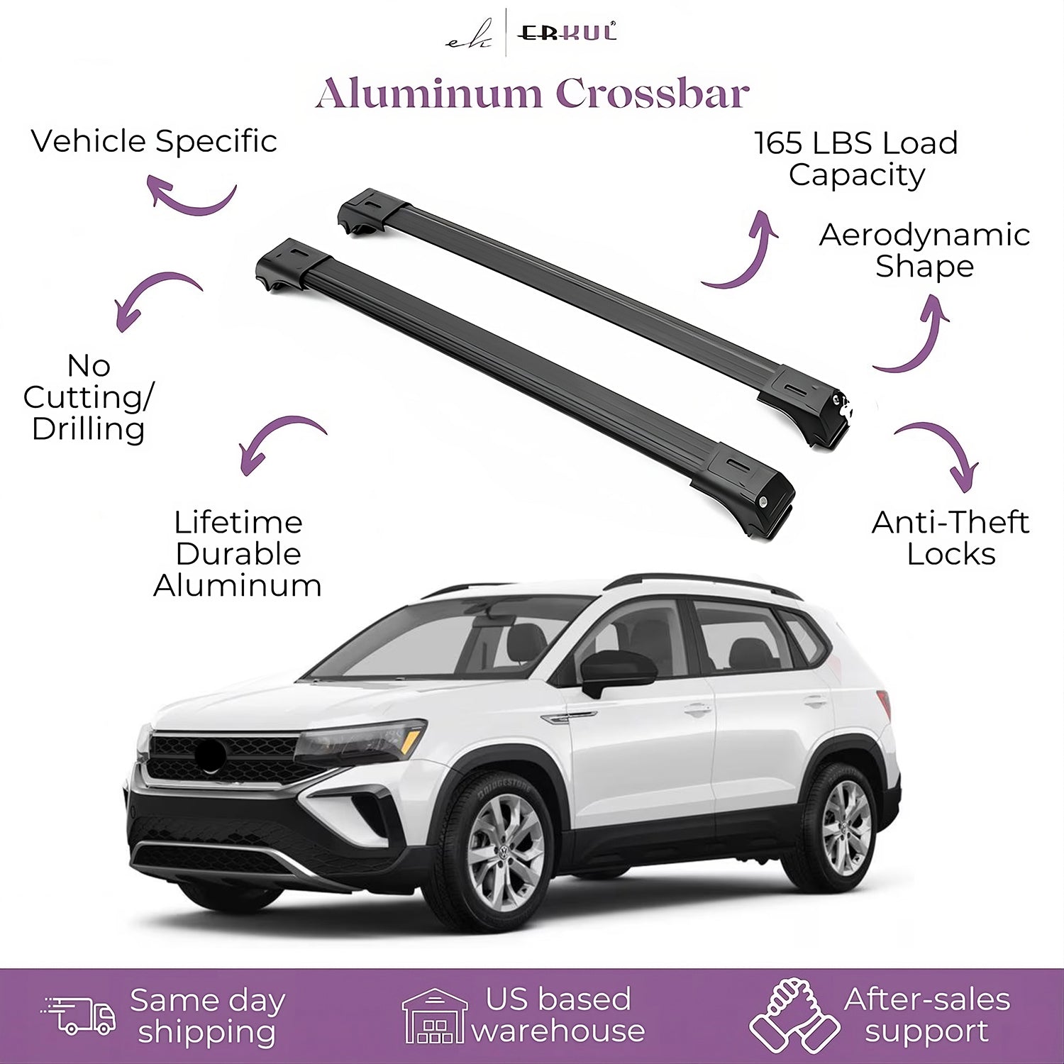 ERKUL Roof Rack Cross Bars Fit Volkswagen Taos 2022-2024 Aluminum Lockable Black