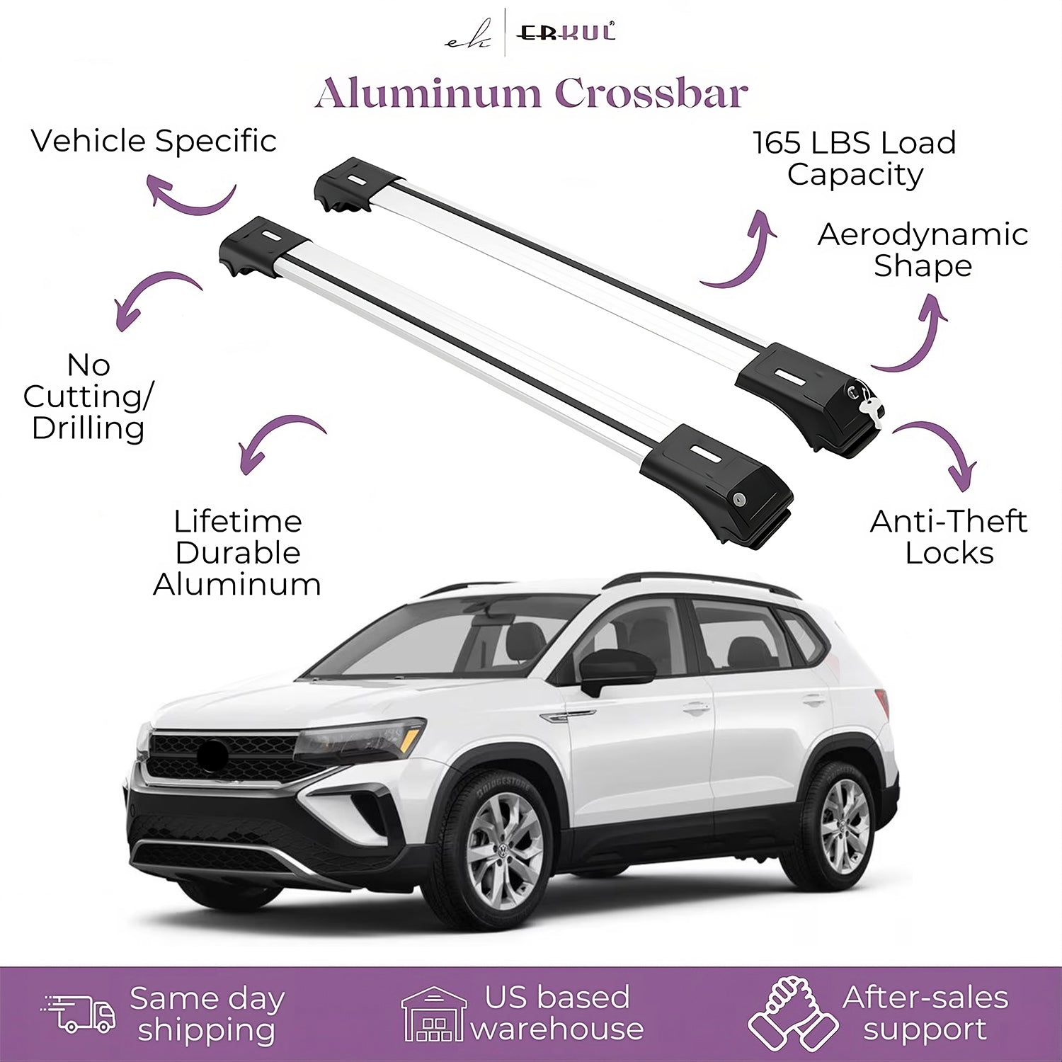 ERKUL Roof Rack Cross Bar Fit Volkswagen Taos 2022-2024 Aluminum Lockable Silver
