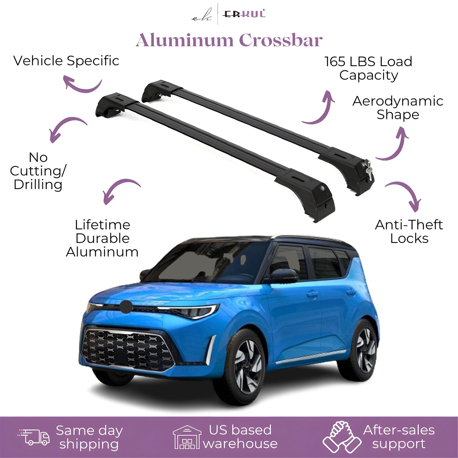 ERKUL Roof Rack Cross Bars Fits Kia Soul X-Line 2020-2025 Aluminum Lockable Black