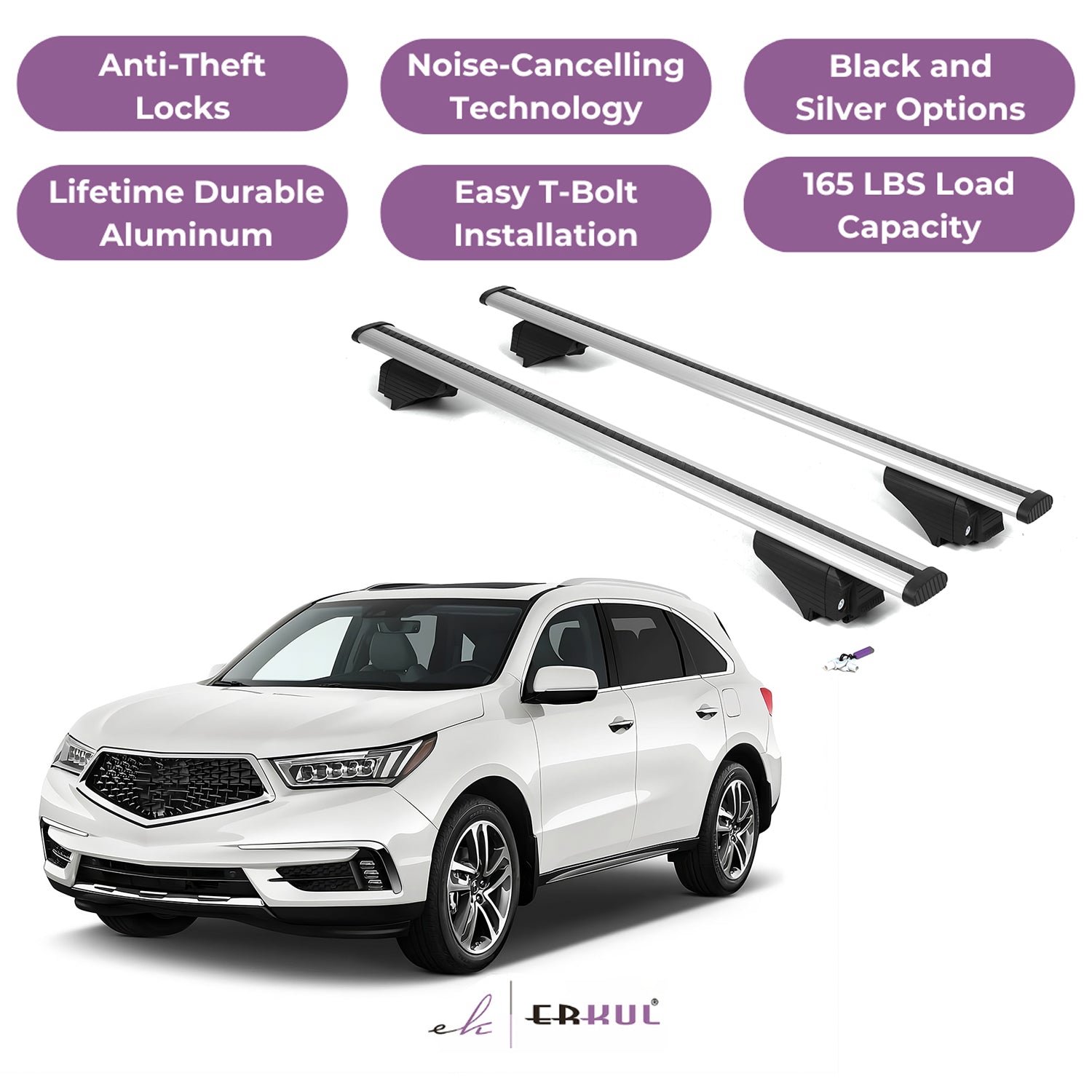 ERKUL Roof Rack Cross Bars for Acura MDX 2014-2020 with Flush Rails - Silver