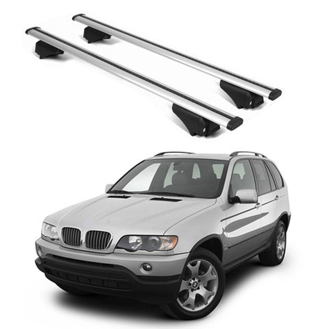 ERKUL Roof Rack Cross Bars for BMW X5 (E53) 2000 2006 | Aluminum Crossbars with Anti Theft Lock for Rooftop | Compatible with Raised Rails   - Silver