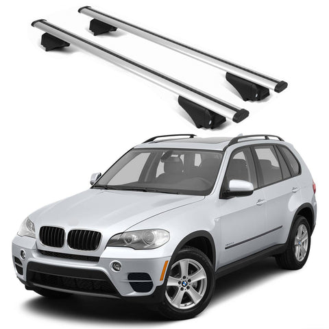 ERKUL Roof Rack Cross Bars for BMW X5 (E70) 2007 2013 | Aluminum Crossbars with Anti Theft Lock for Rooftop | Compatible with Raised Rails   - Silver