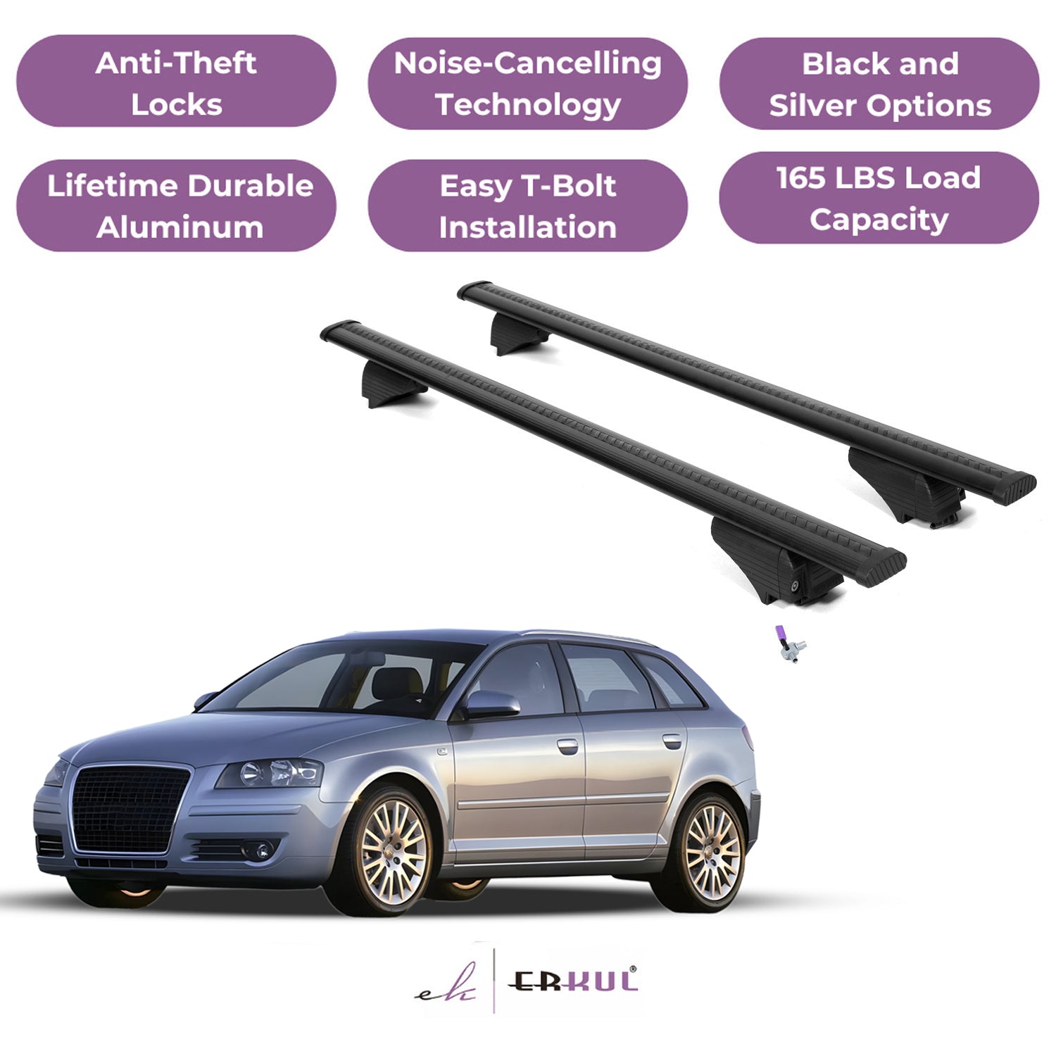 Roof Rack Cross Bars with Extended Bar Design for Audi A3 Sportback 2006-2013 - Black