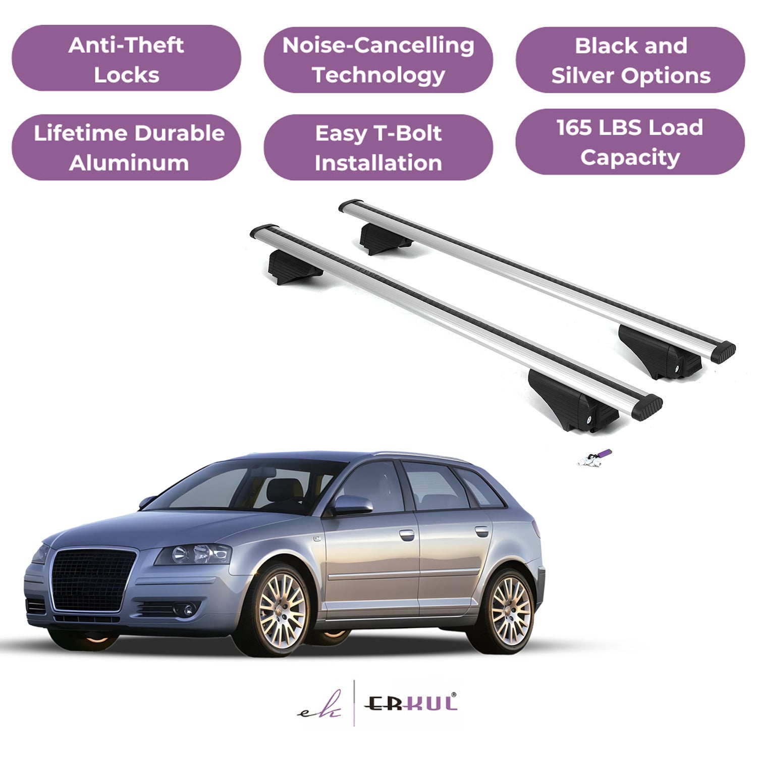 Roof Rack Cross Bars with Extended Bar Design for Audi A3 Sportback 2006-2013- Silver