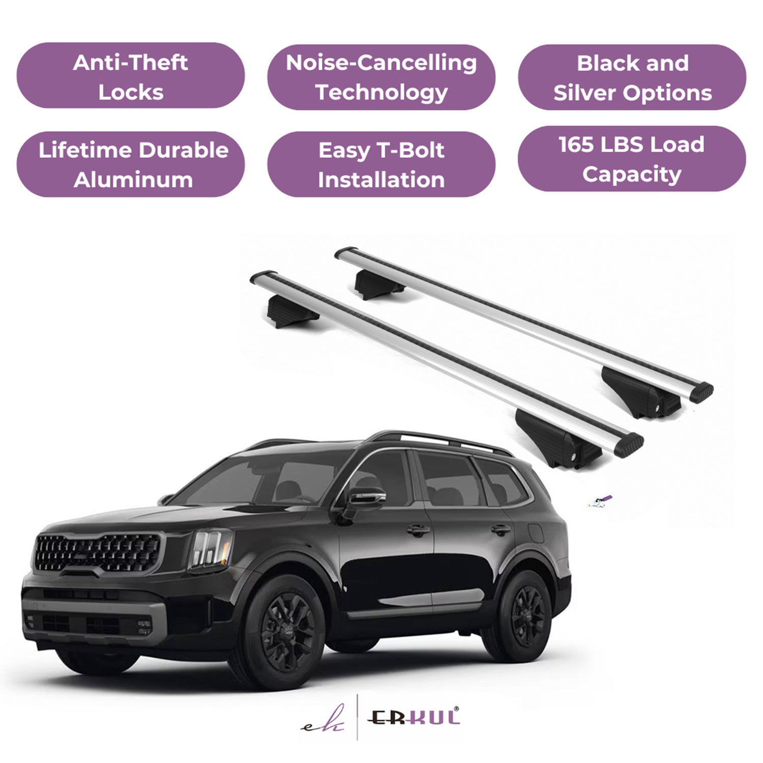ERKUL Roof Rack Cross Bars for KIA Telluride 2019-2025 for Raised Rails - Silver