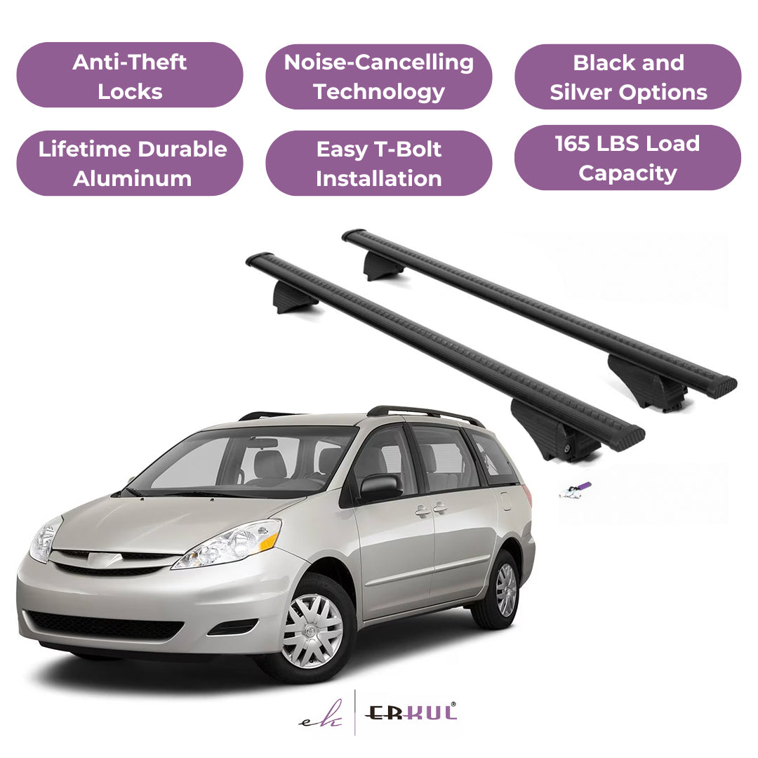 ERKUL Roof Rack Cross Bars for Toyota Sienna 2004-2010 for Raised Rails - Black