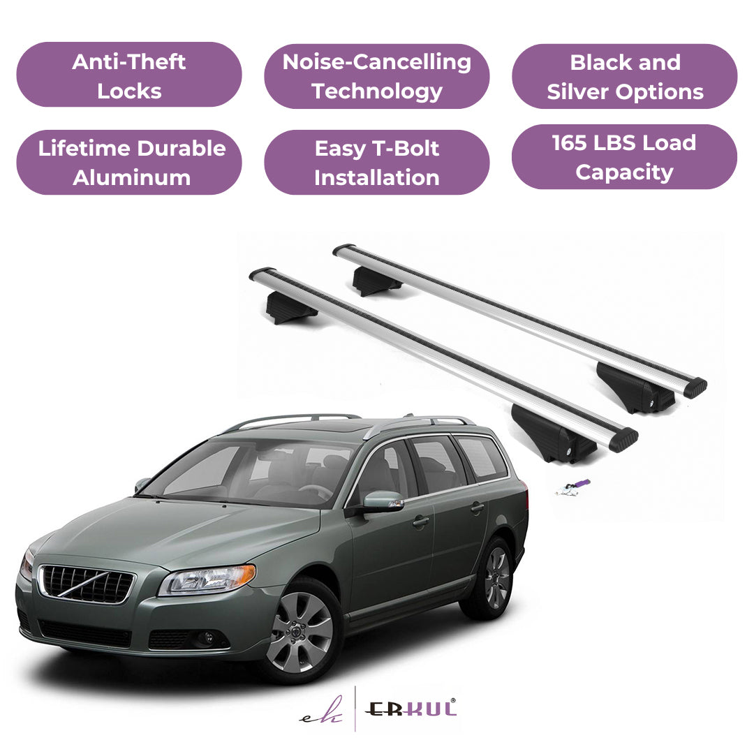 ERKUL Roof Rack Cross Bars for Volvo V70 2008-2010 for Raised Rails - Silver