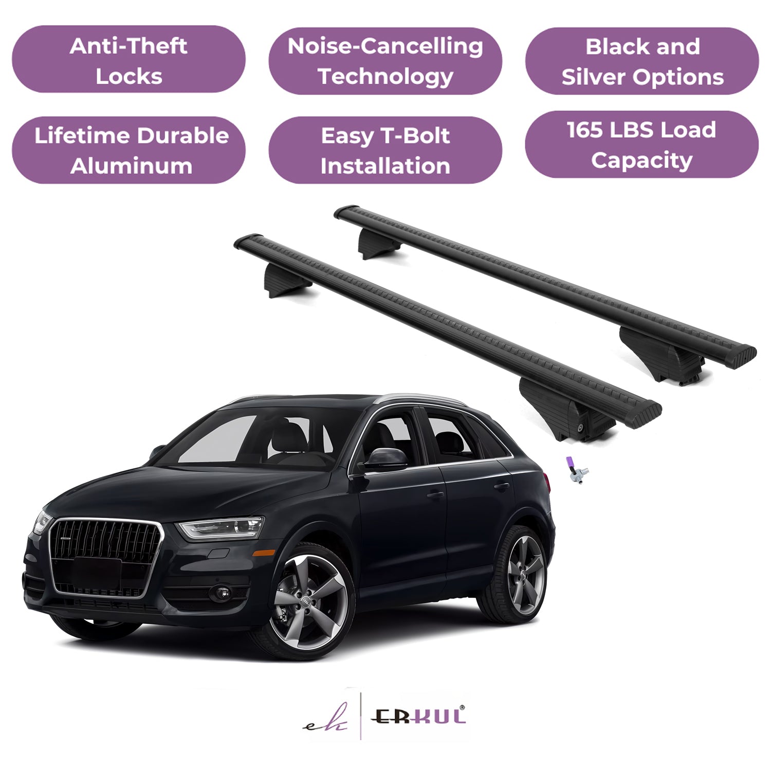 Roof Rack Cross Bars with Extended Bar Design for Audi Q3 2015-2018  - Black
