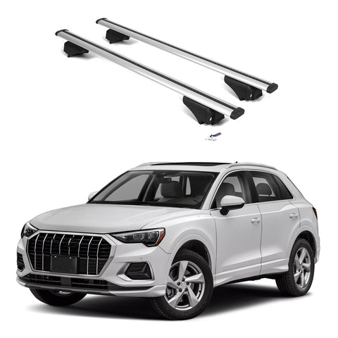 ERKUL Roof Rack Cross Bars for Audi Q3 2019-2024 | Aluminum Crossbars with Anti Theft Lock for Rooftop | Compatible with Flush Rails - Silver