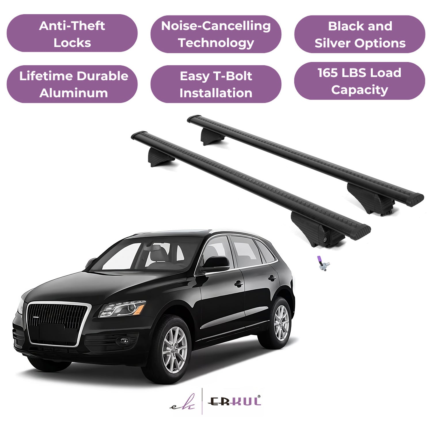 Roof Rack Cross Bars with Extended Bar Design for Audi Q5 / SQ5 2009-2017  - Black