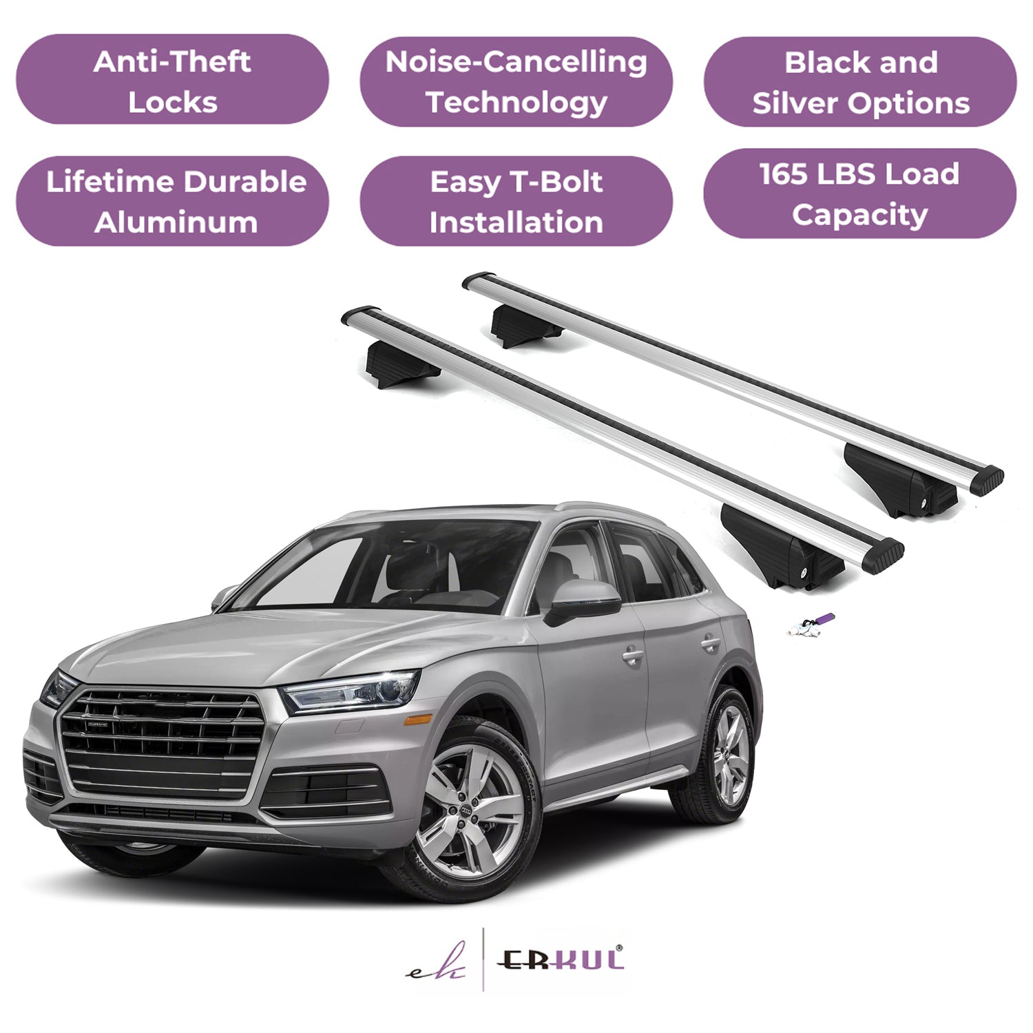 ERKUL Roof Rack Cross Bars for Audi Q5 / SQ5 2018-2025 with Flush Rails - Silver