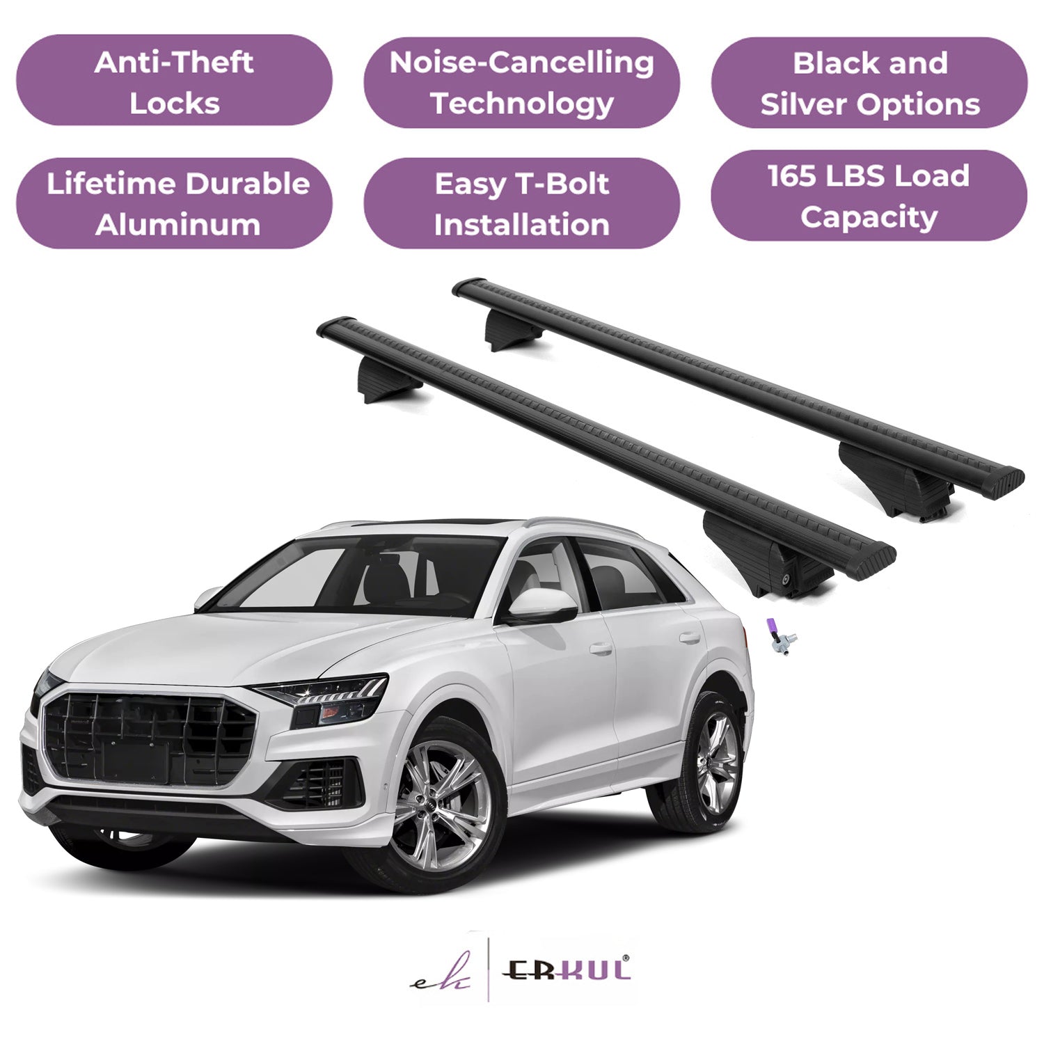 ERKUL Roof Rack Cross Bars for Audi Q8 2019-2025 with Flush Rails - Black