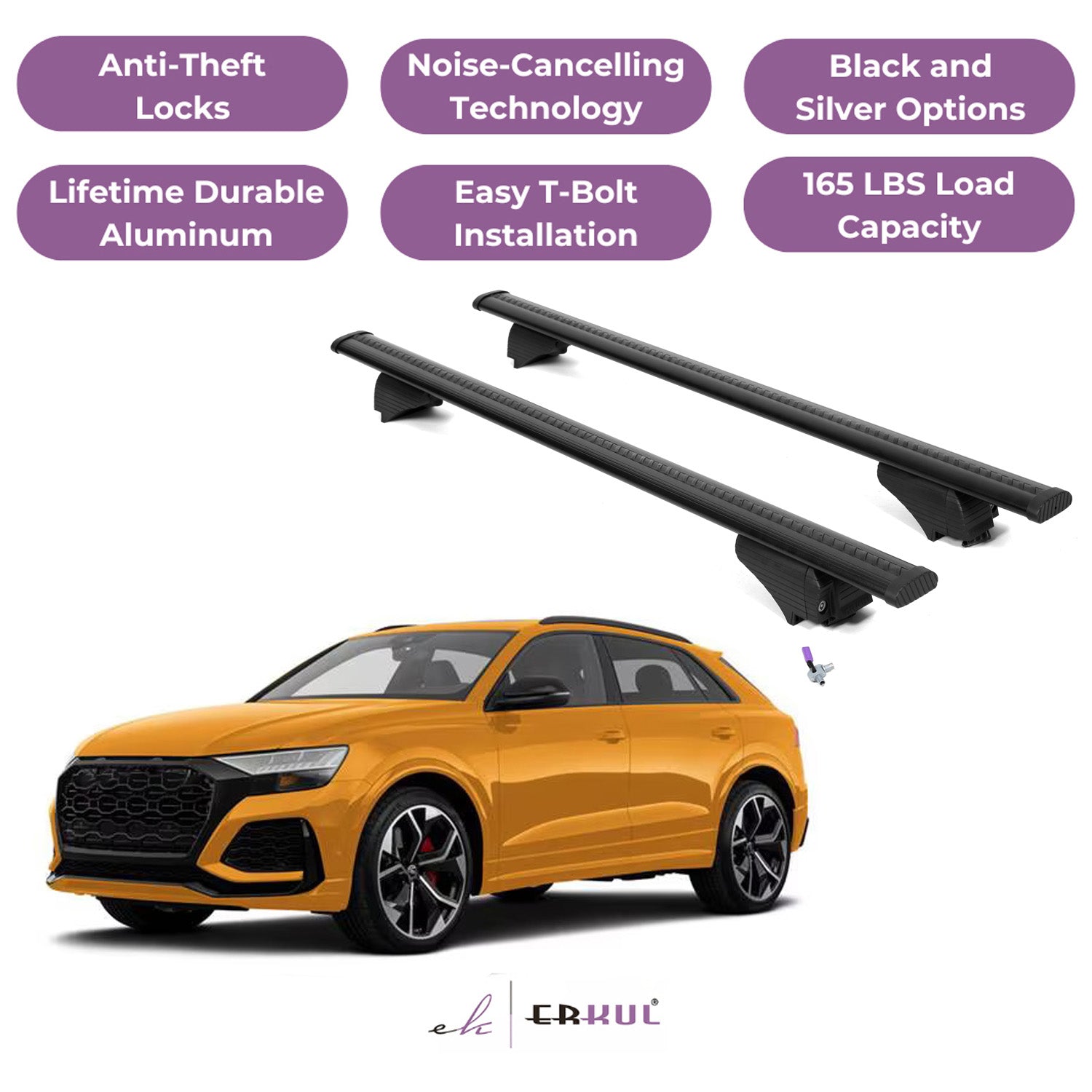 ERKUL Roof Rack Cross Bars for Audi RS Q8 2020-2025 with Flush Rails - Black