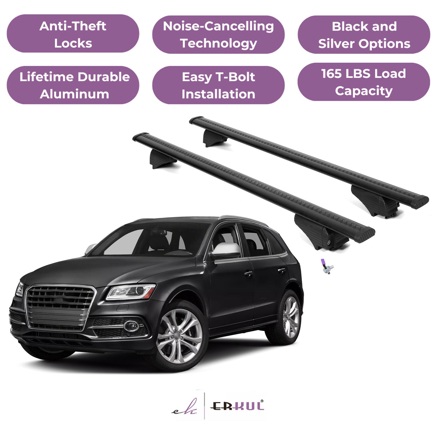 ERKUL Roof Rack Cross Bars for Audi SQ5 2014-2017 with Flush Rails - Black