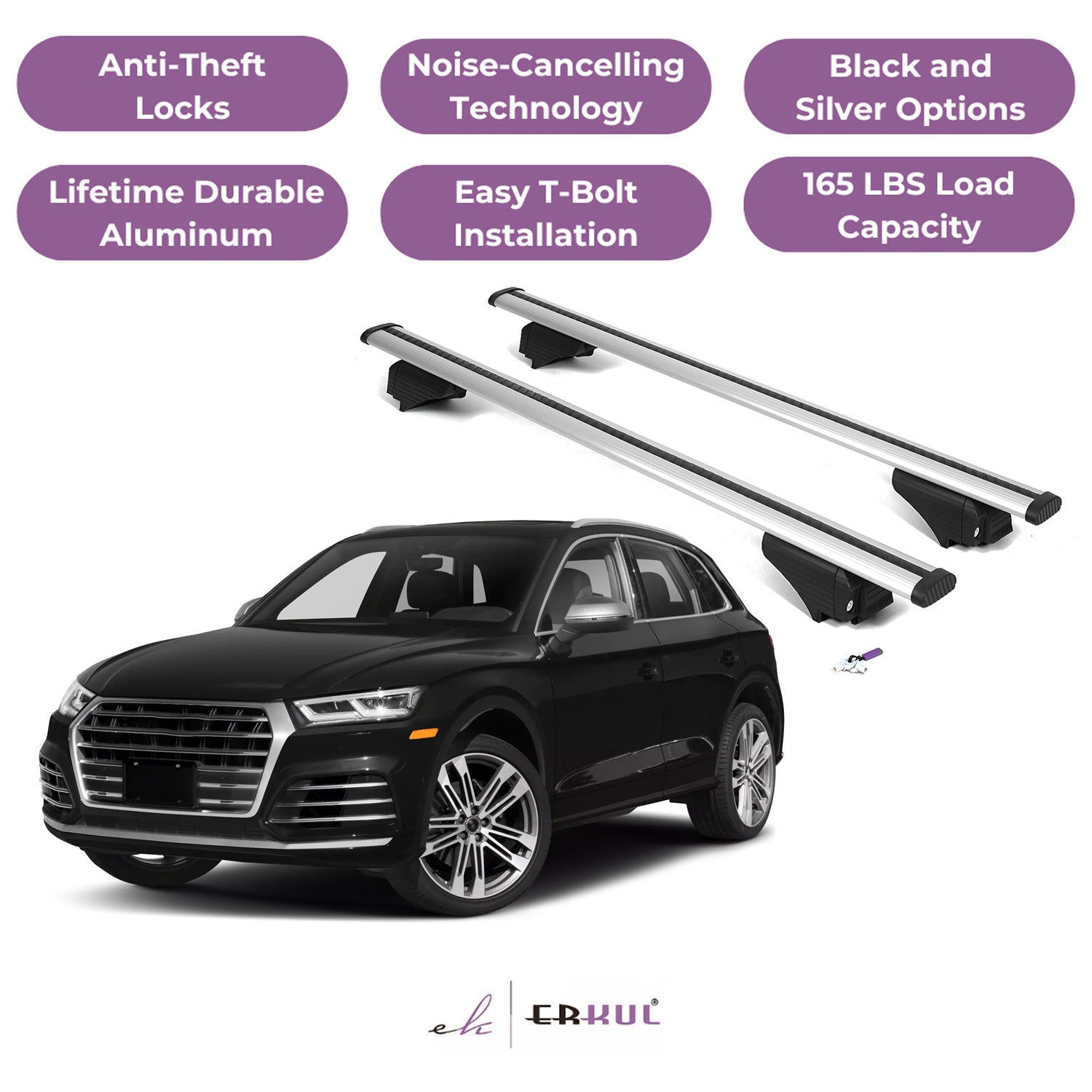 ERKUL Roof Rack Cross Bars for Audi SQ5 2018-2025 with Flush Rails - Silver