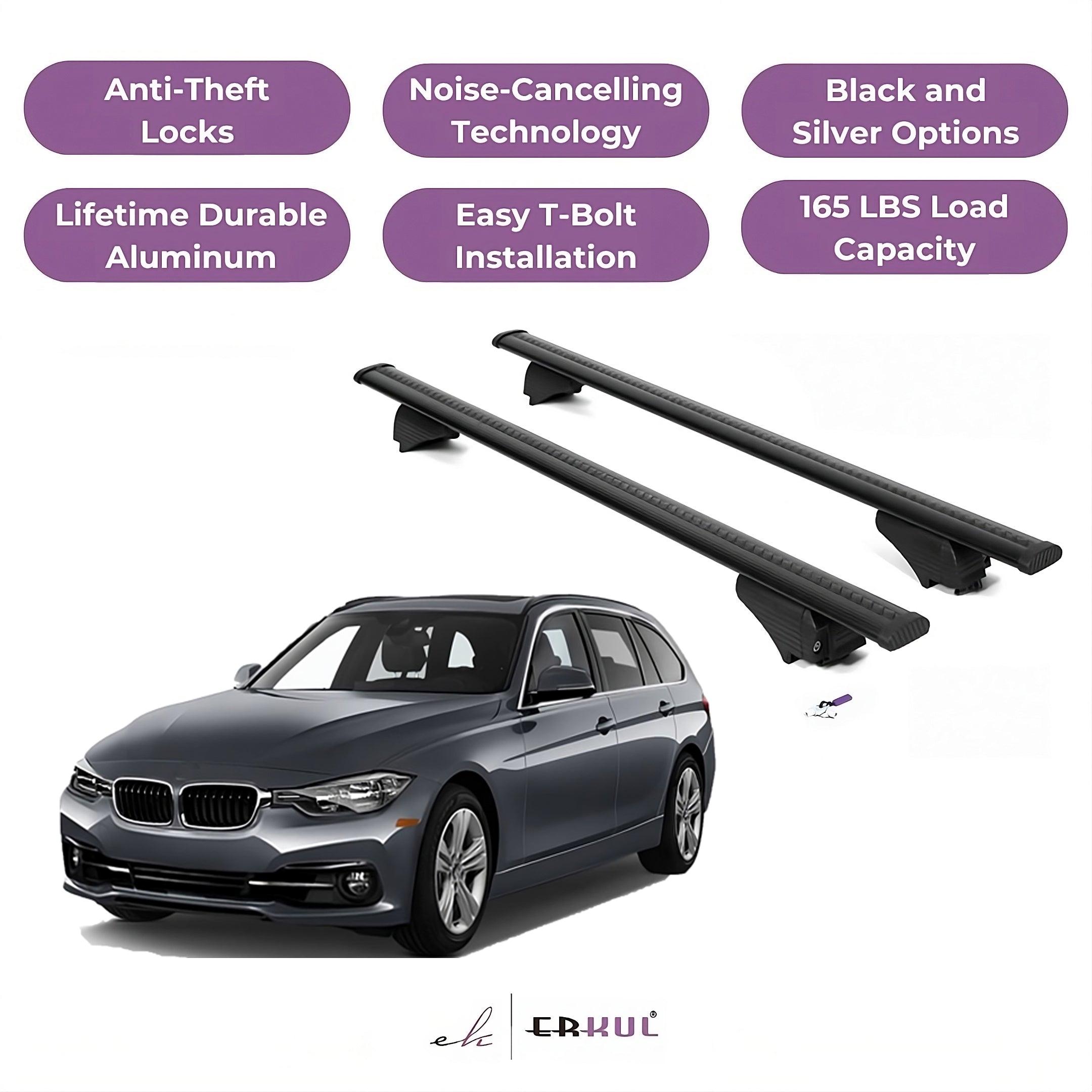 ERKUL Roof Rack Cross Bars for BMW 3 Series Touring F31 2012-2019 - Black