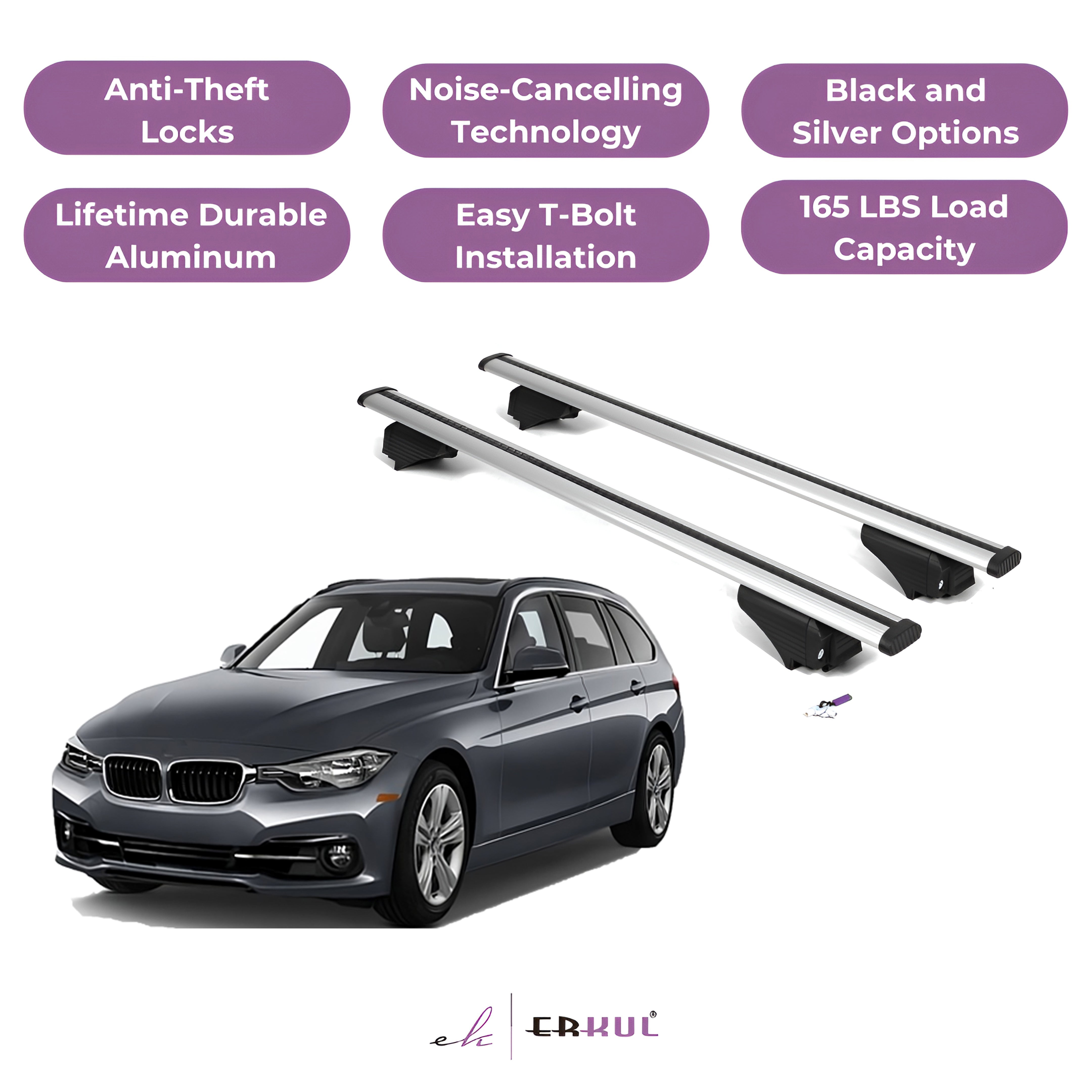 ERKUL Roof Rack Cross Bars for BMW 3 Series Touring F31 2012-2019 - Silver