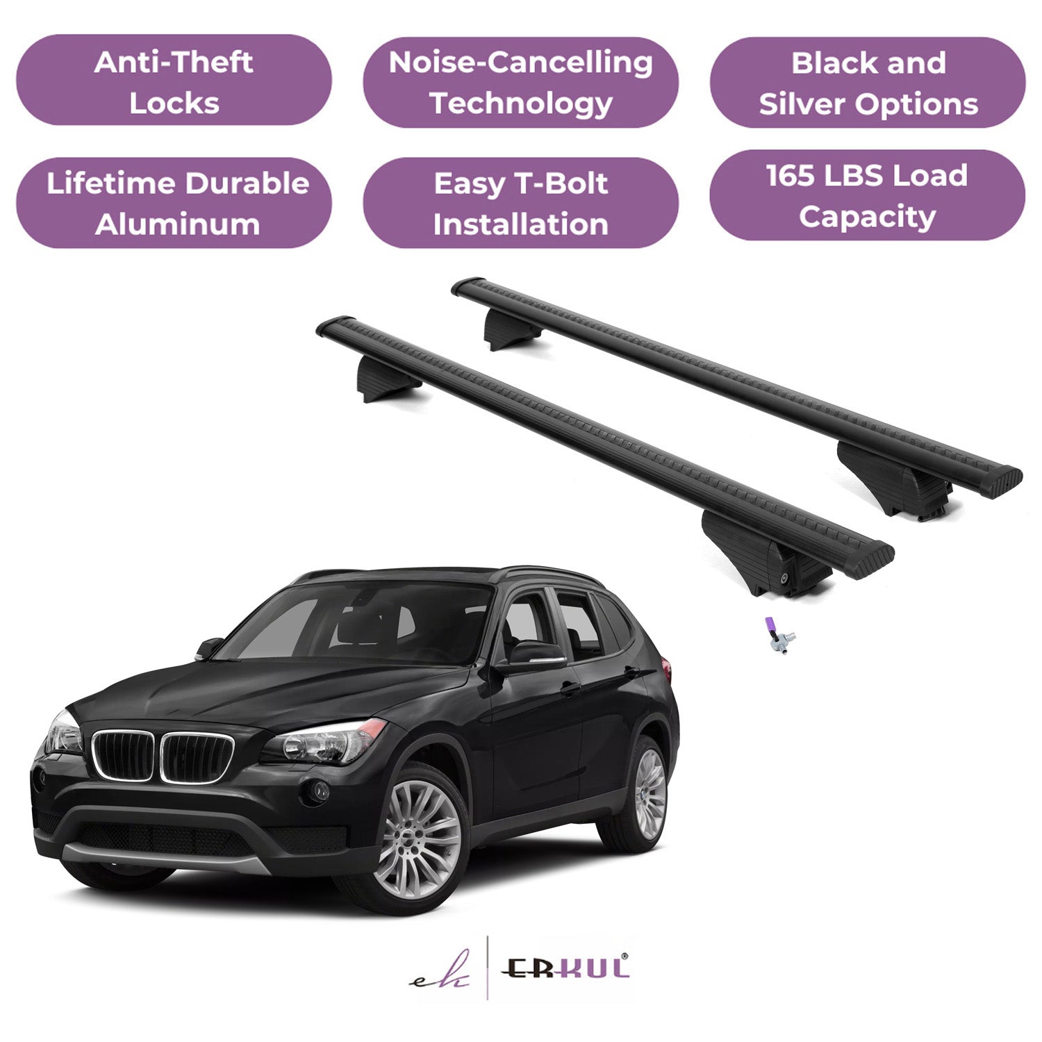 ERKUL Roof Rack Cross Bars for BMW X1 E84 2011-2015 with Flush Rails - Black