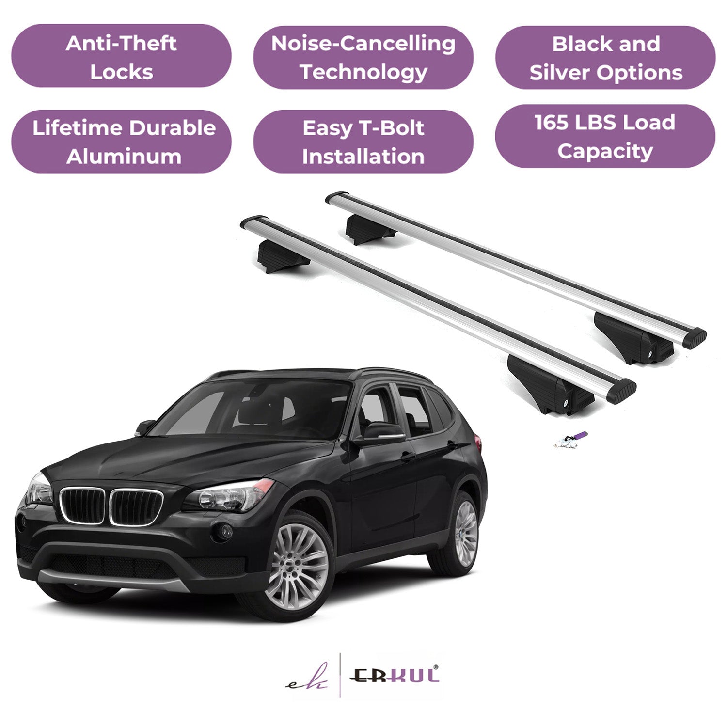 ERKUL Roof Rack Cross Bars for BMW X1 E84 2011-2015 with Flush Rails - Silver