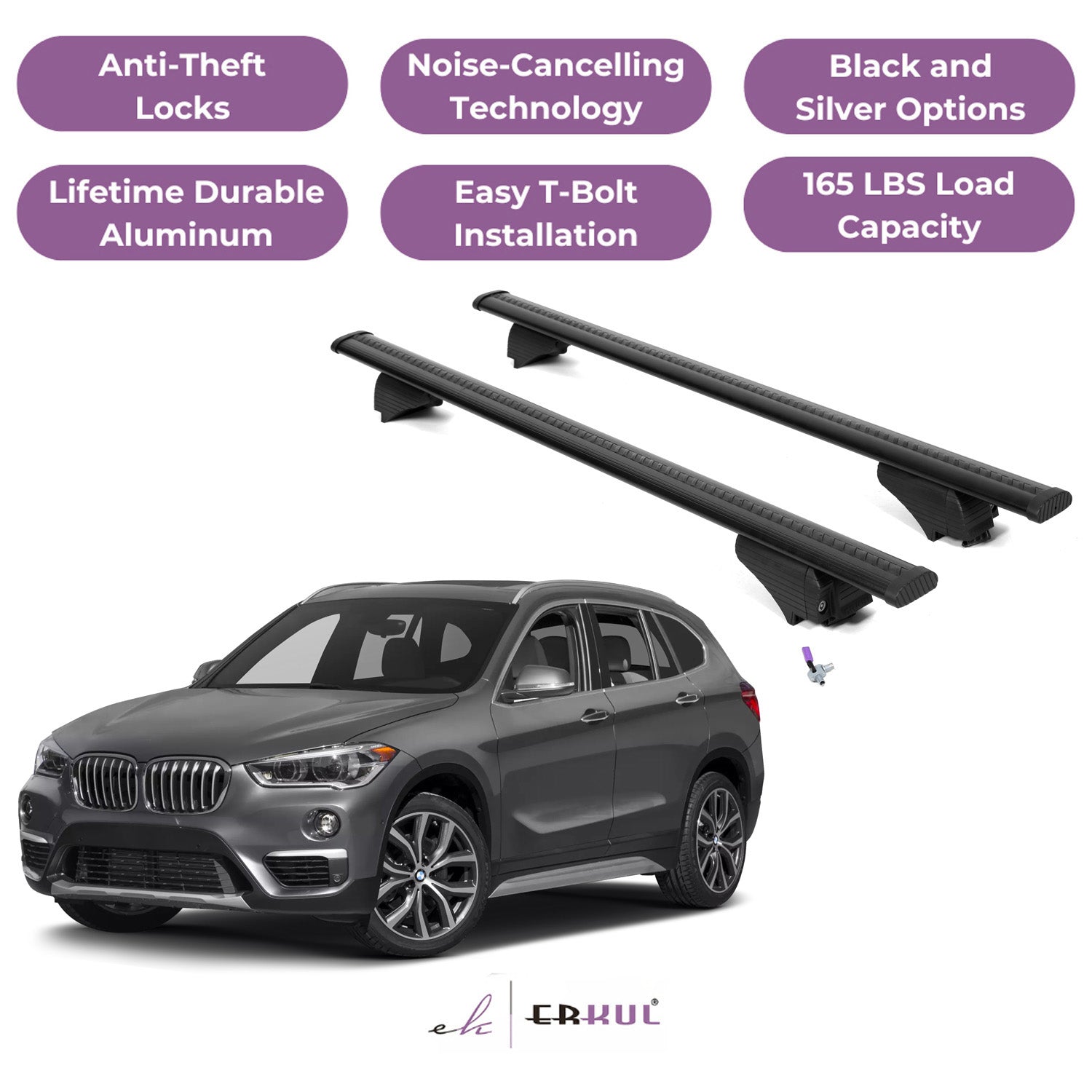 ERKUL Roof Rack Cross Bars for BMW X1 F48 2016-2022 with Flush Rails - Black