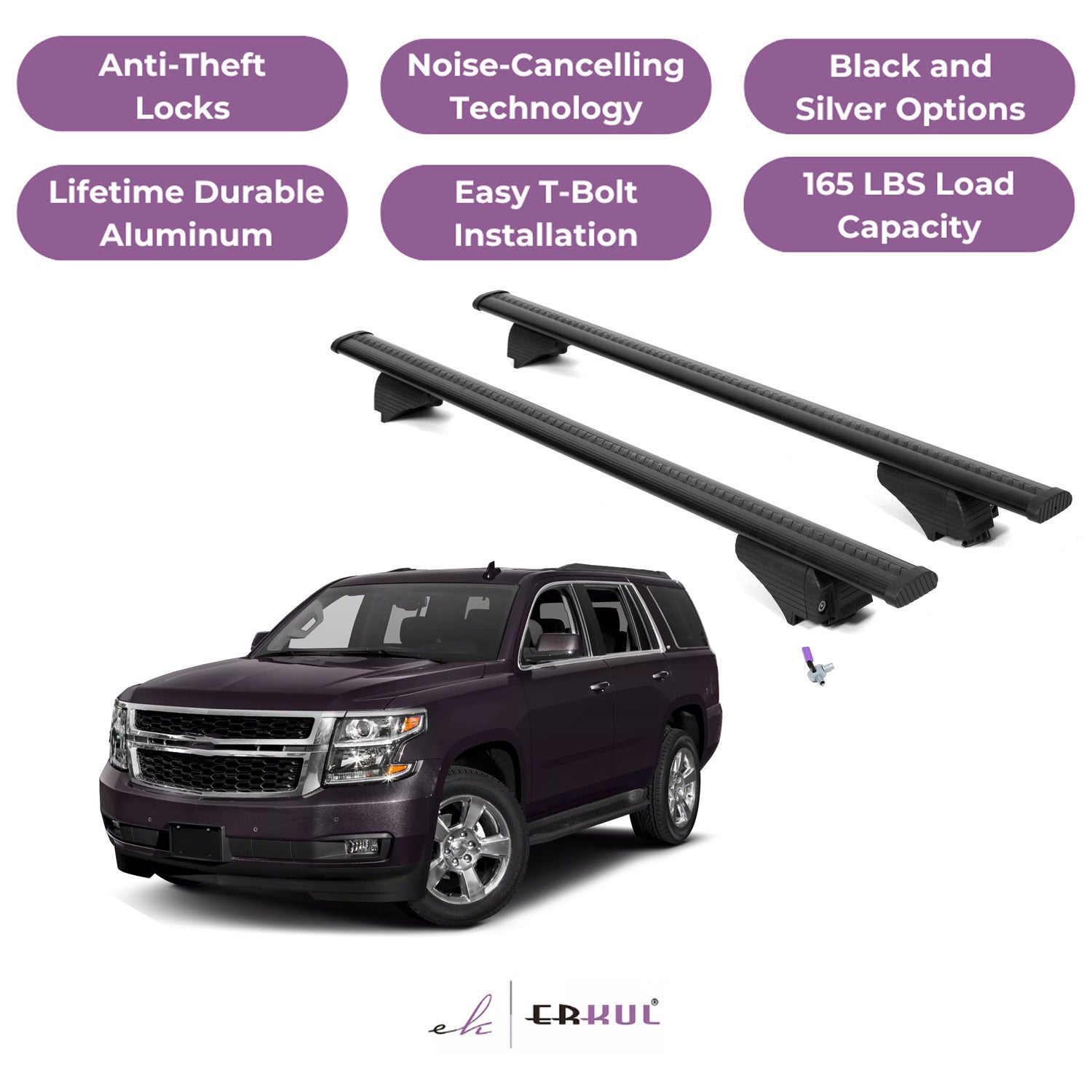 ERKUL Roof Rack Cross Bars for Chevy Tahoe 2015-2020 with Flush Rails - Black