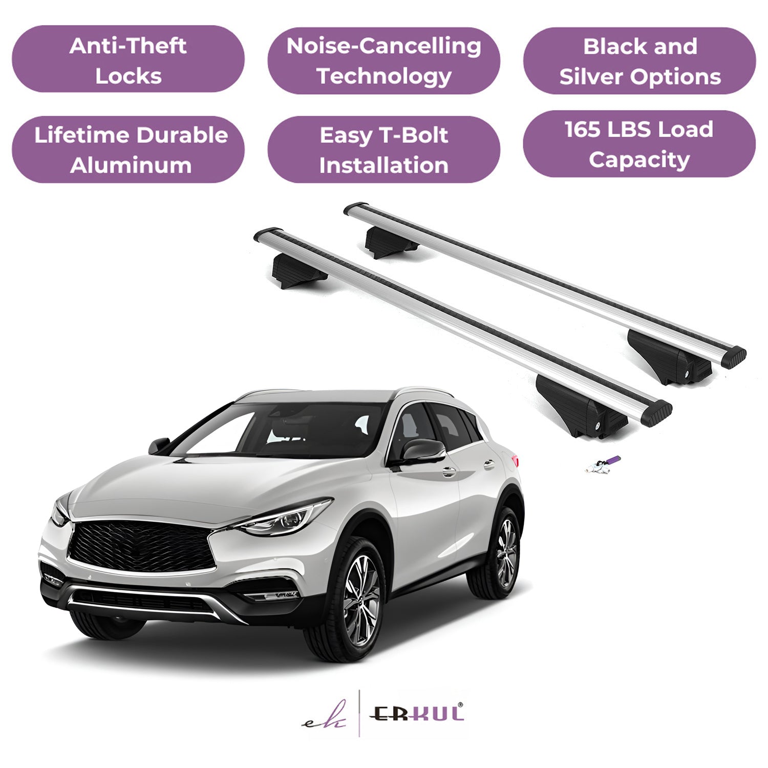 Roof Rack Cross Bars with Extended Bar Design for Infiniti QX30 2017-2019  - Silver