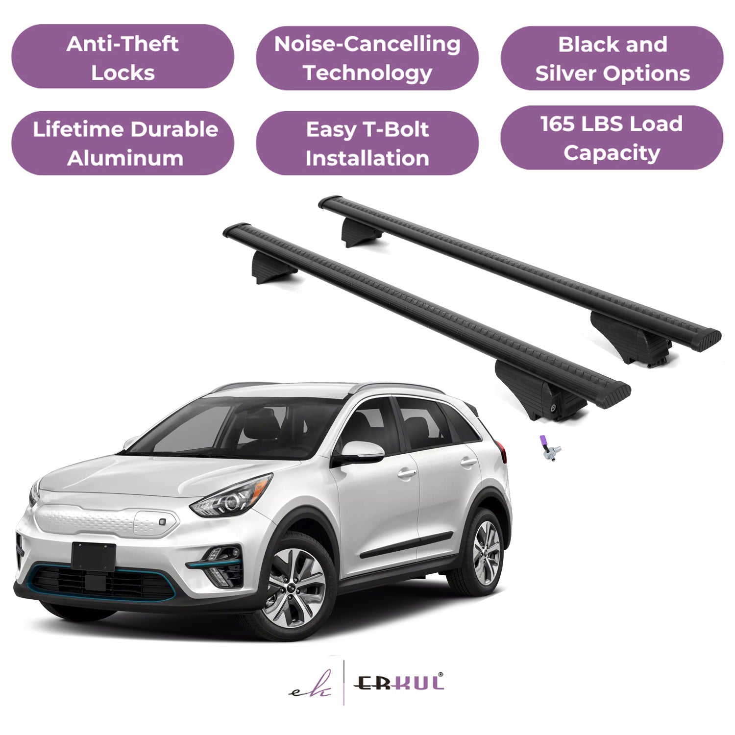 Roof Rack Cross Bars with Extended Bar Design for Kia E-Niro Niro EV 2019-2022 - Black