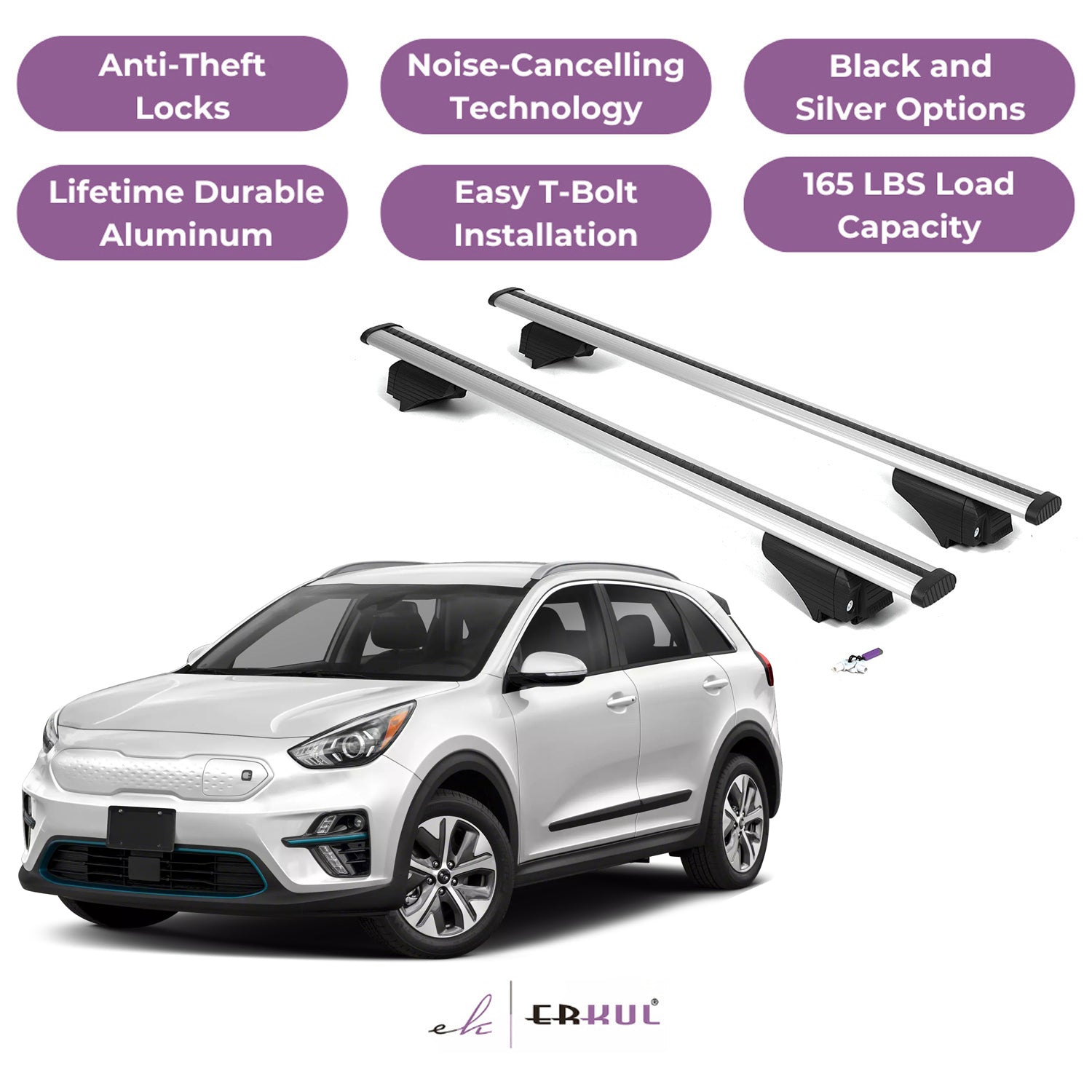 Roof Rack Cross Bars with Extended Bar Design for Kia E-Niro Niro EV 2019-2022 - Silver