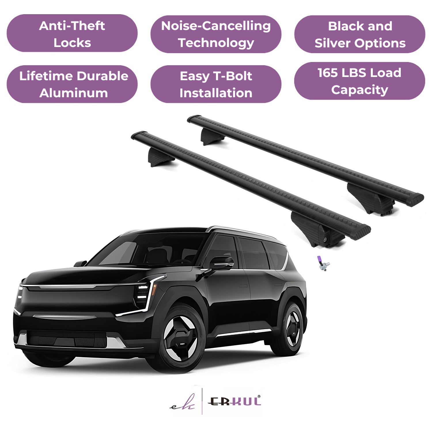 Roof Rack Cross Bars with Extended Bar Design for Kia EV9 2024-2025  - Black