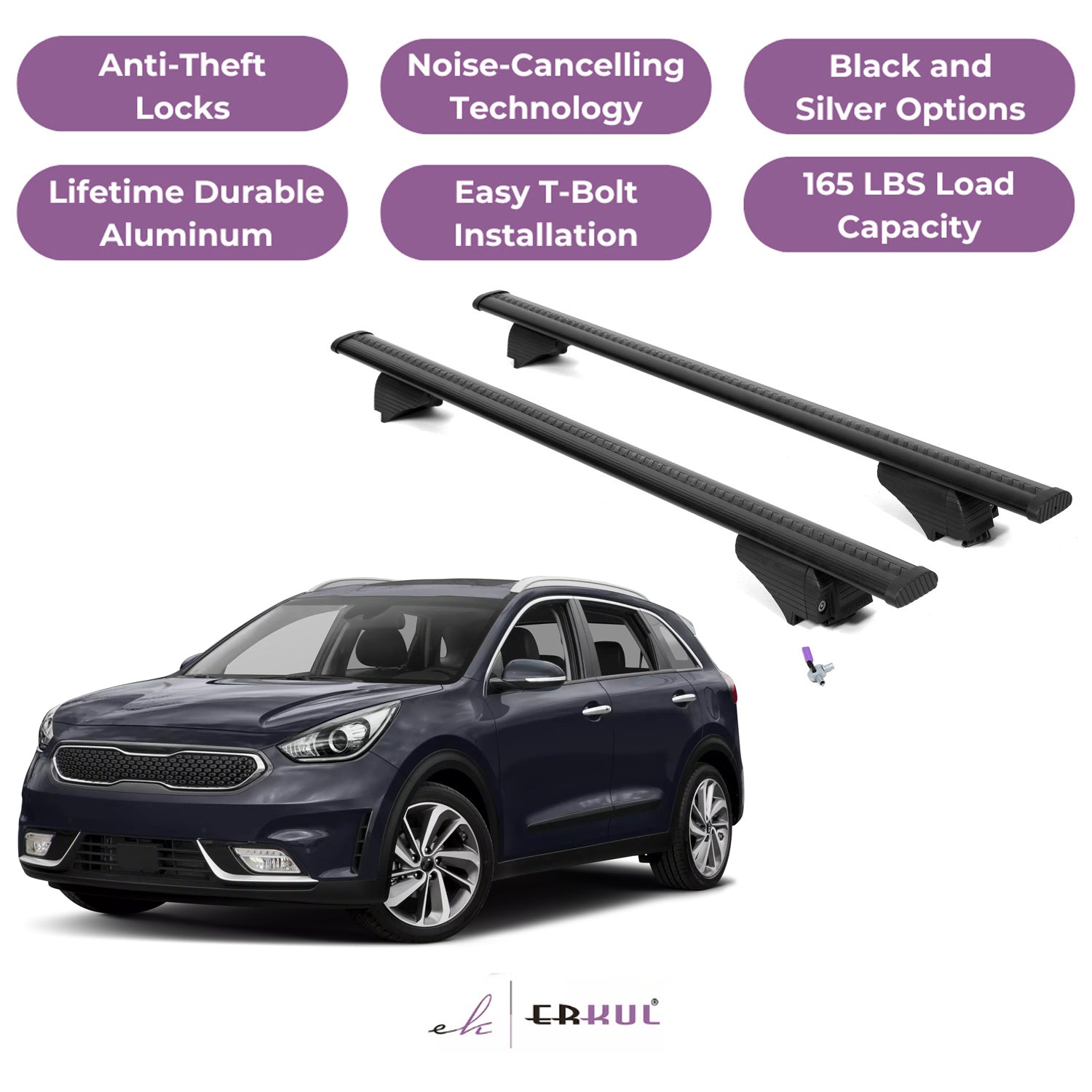 Roof Rack Cross Bars with Extended Bar Design for Kia Niro 2016-2022  - Black