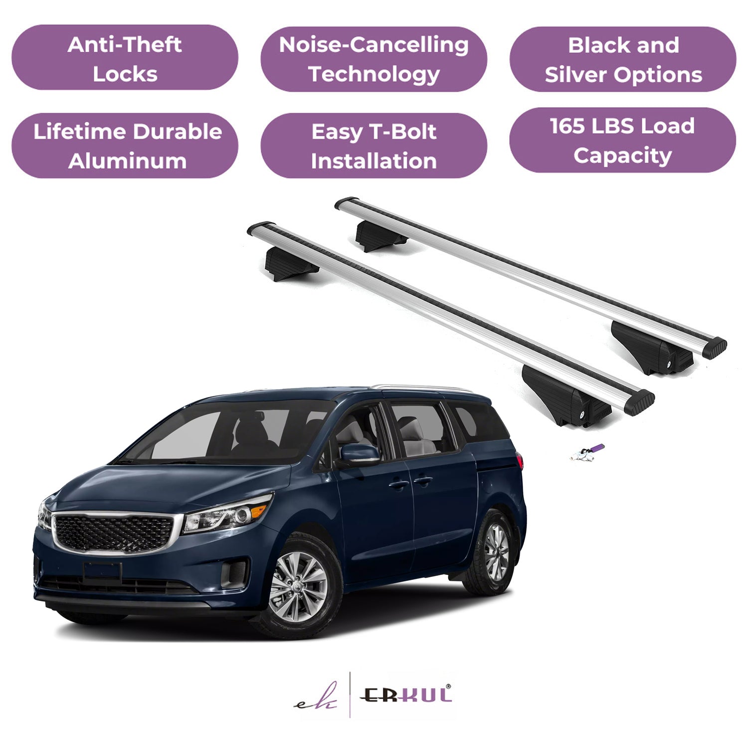 Roof Rack Cross Bars with Extended Bar Design for Kia Sedona 2015-2021  - Silver