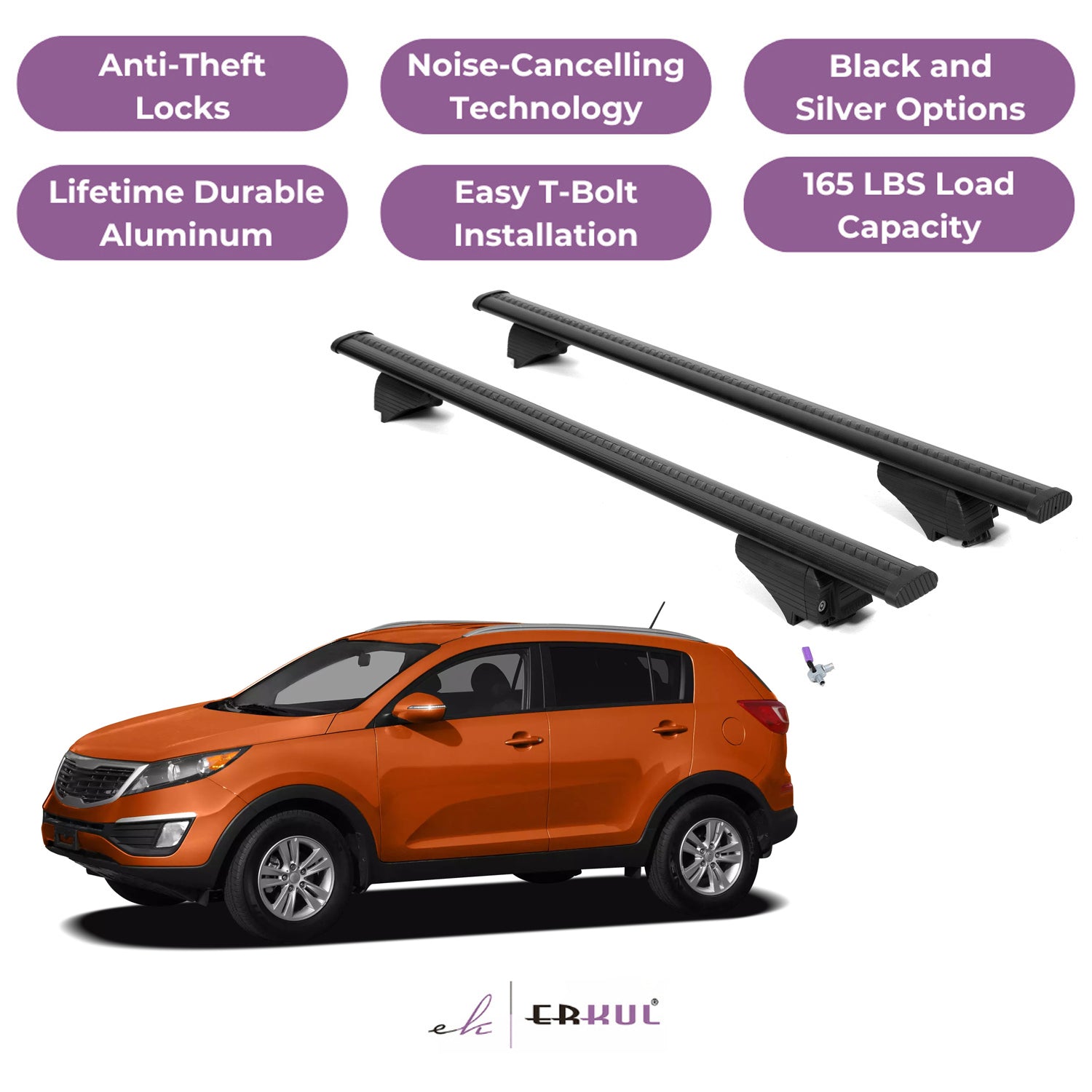 Roof Rack Cross Bars with Extended Bar Design for Kia Sportage 2011-2016  - Black