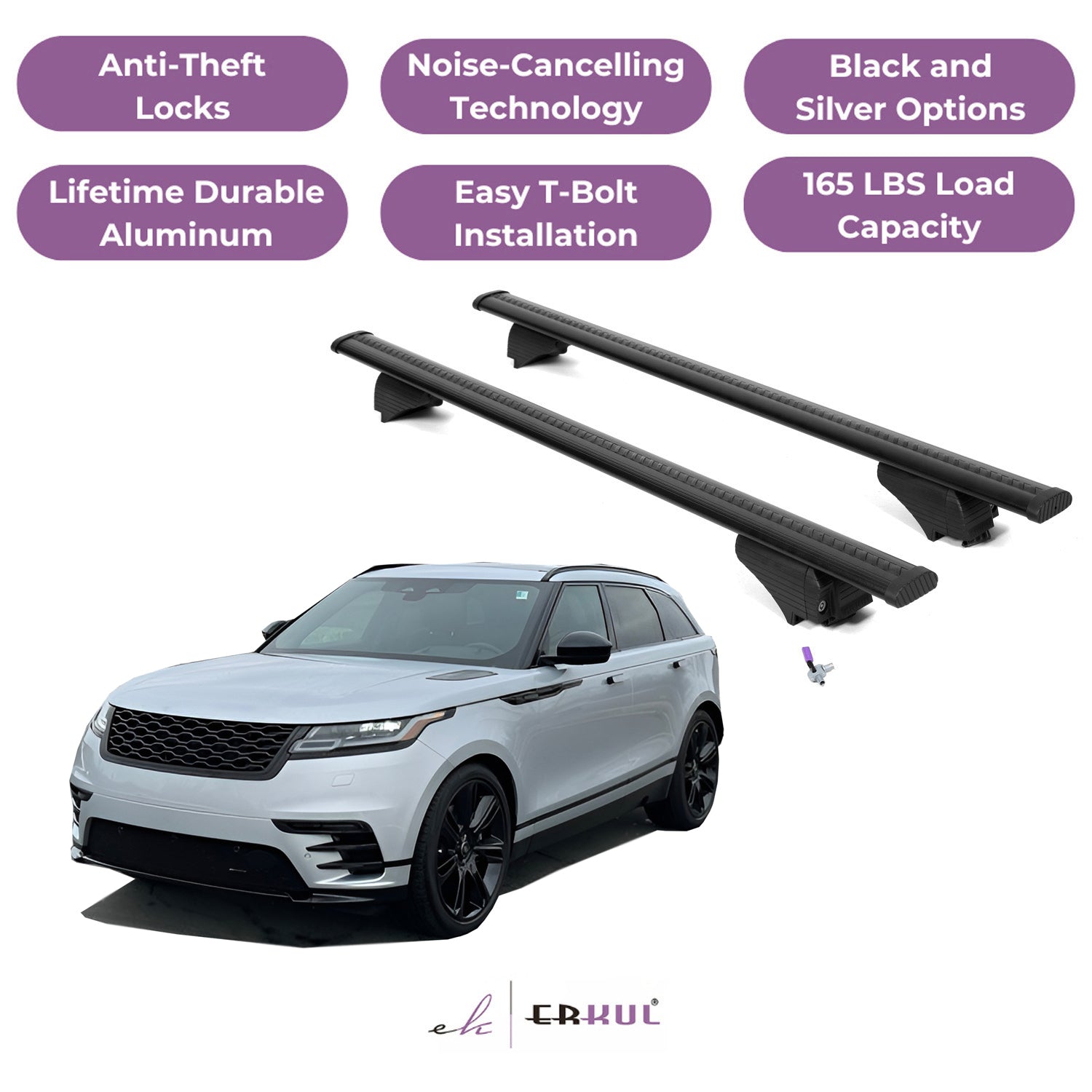 ERKUL Roof Rack Cross Bars for Range Rover Velar 2018-2025 - Flush Rails - Black