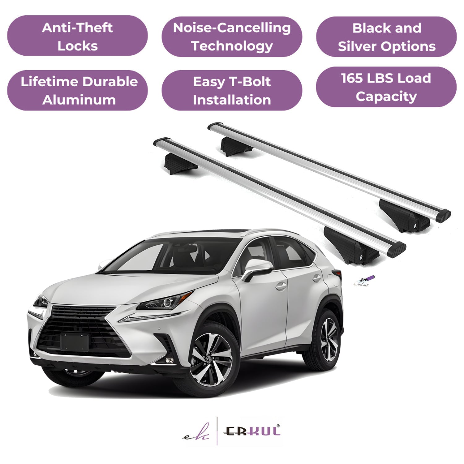 Roof Rack Cross Bars with Extended Bar Design for Lexus NX200T NX300 NX300H 2015-2021 - Silver
