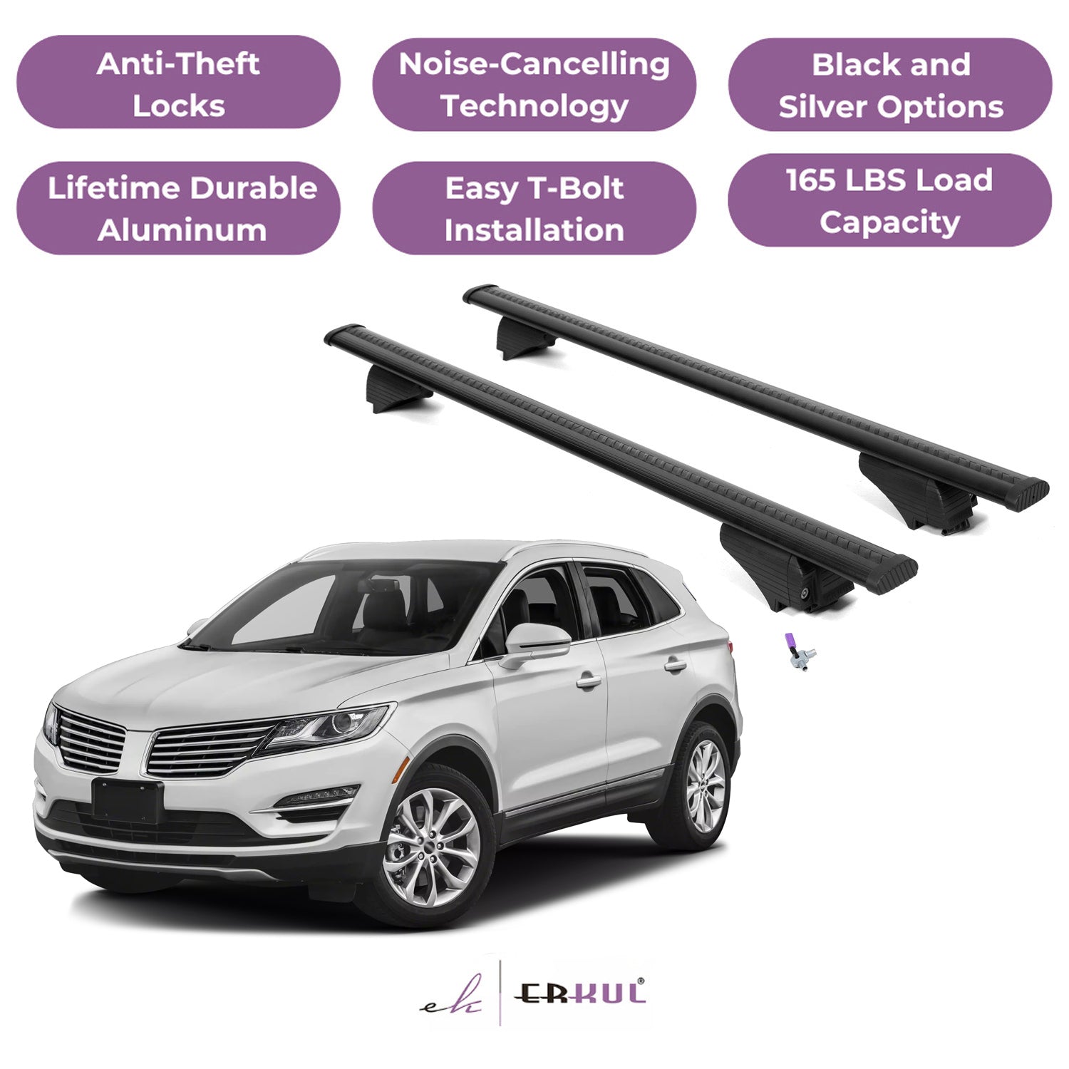 ERKUL Roof Rack Cross Bars for Lincoln MKC 2015-2019 with Flush Rails - Black