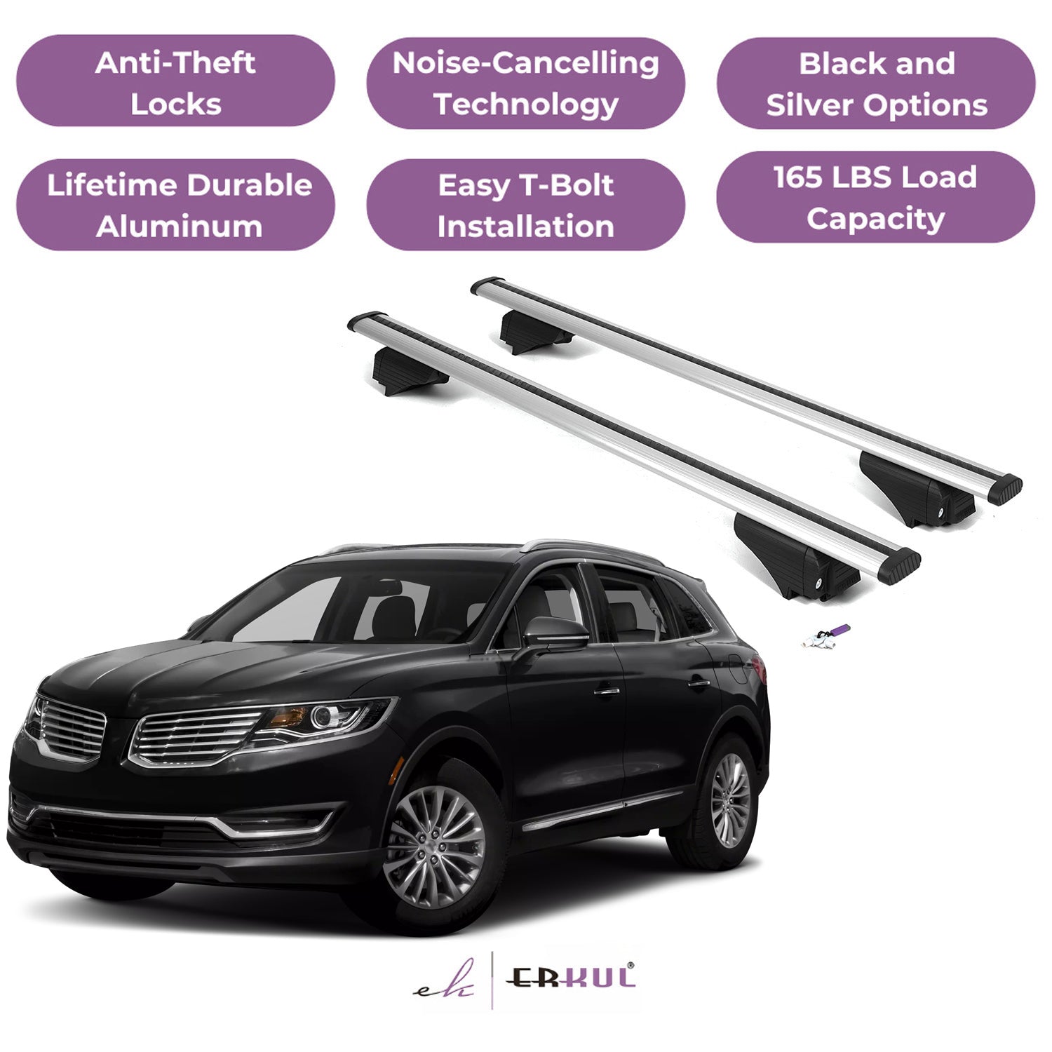 Roof Rack Cross Bars with Extended Bar Design for Lincoln MKX 2016-2018  - Silver
