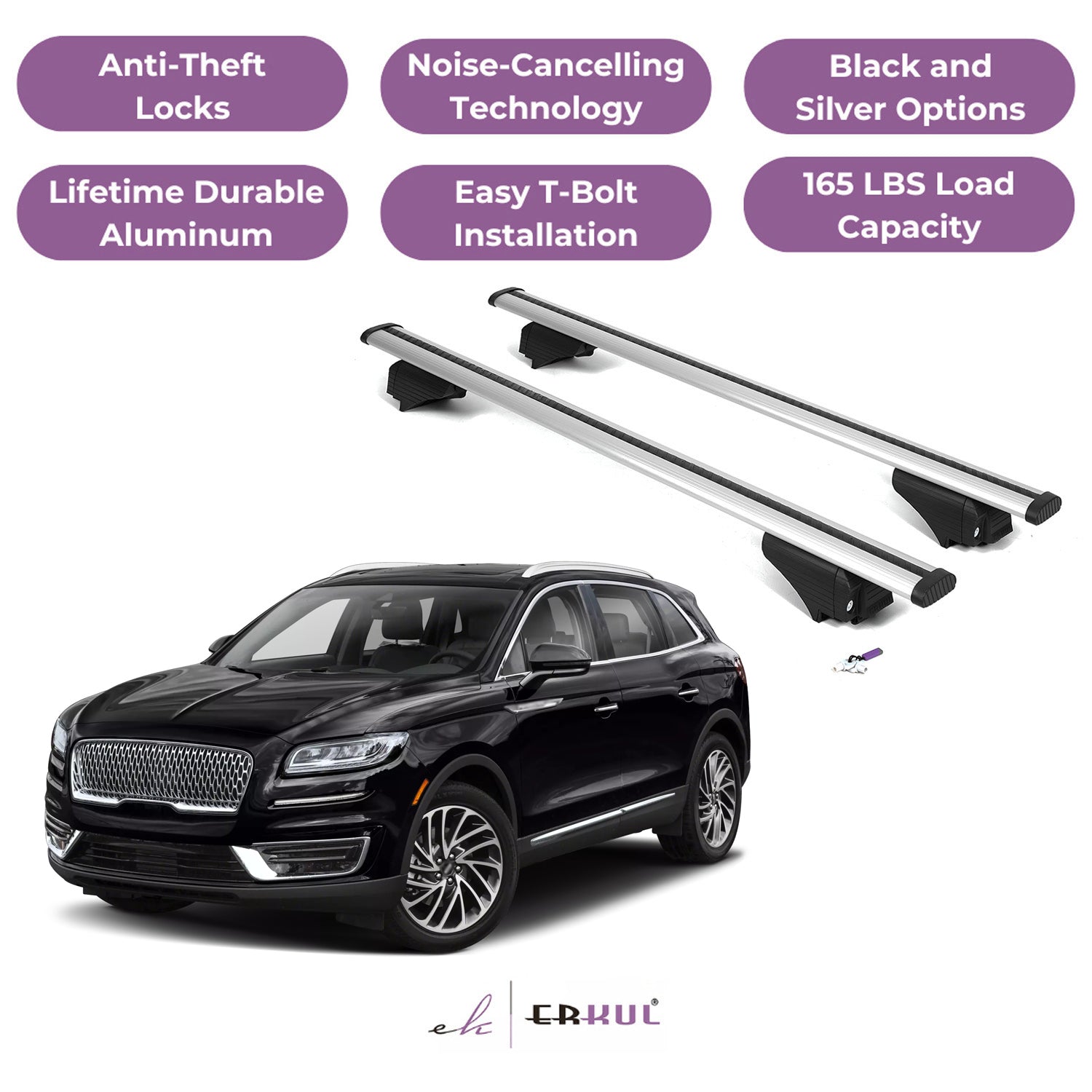 Roof Rack Cross Bars with Extended Bar Design for Lincoln Nautilus 2019-2023  - Silver