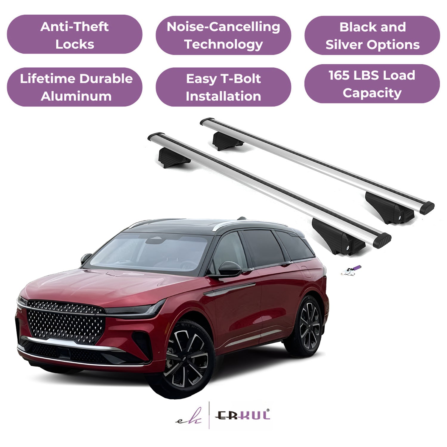 Roof Rack Cross Bars with Extended Bar Design for Lincoln Nautilus 2024-2025  - Silver