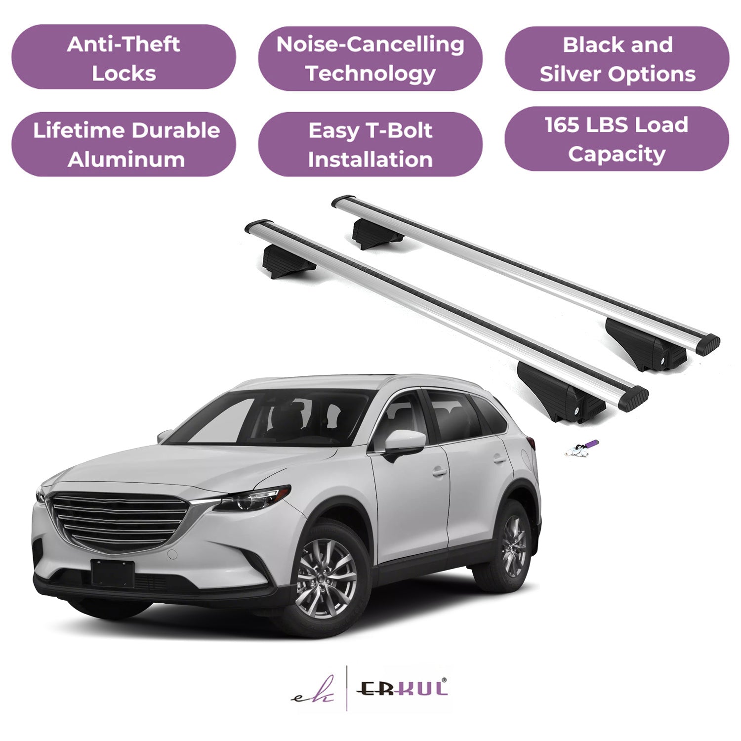 Roof Rack Cross Bars with Extended Bar Design for Mazda CX-9 CX9 2016-2024  - Silver