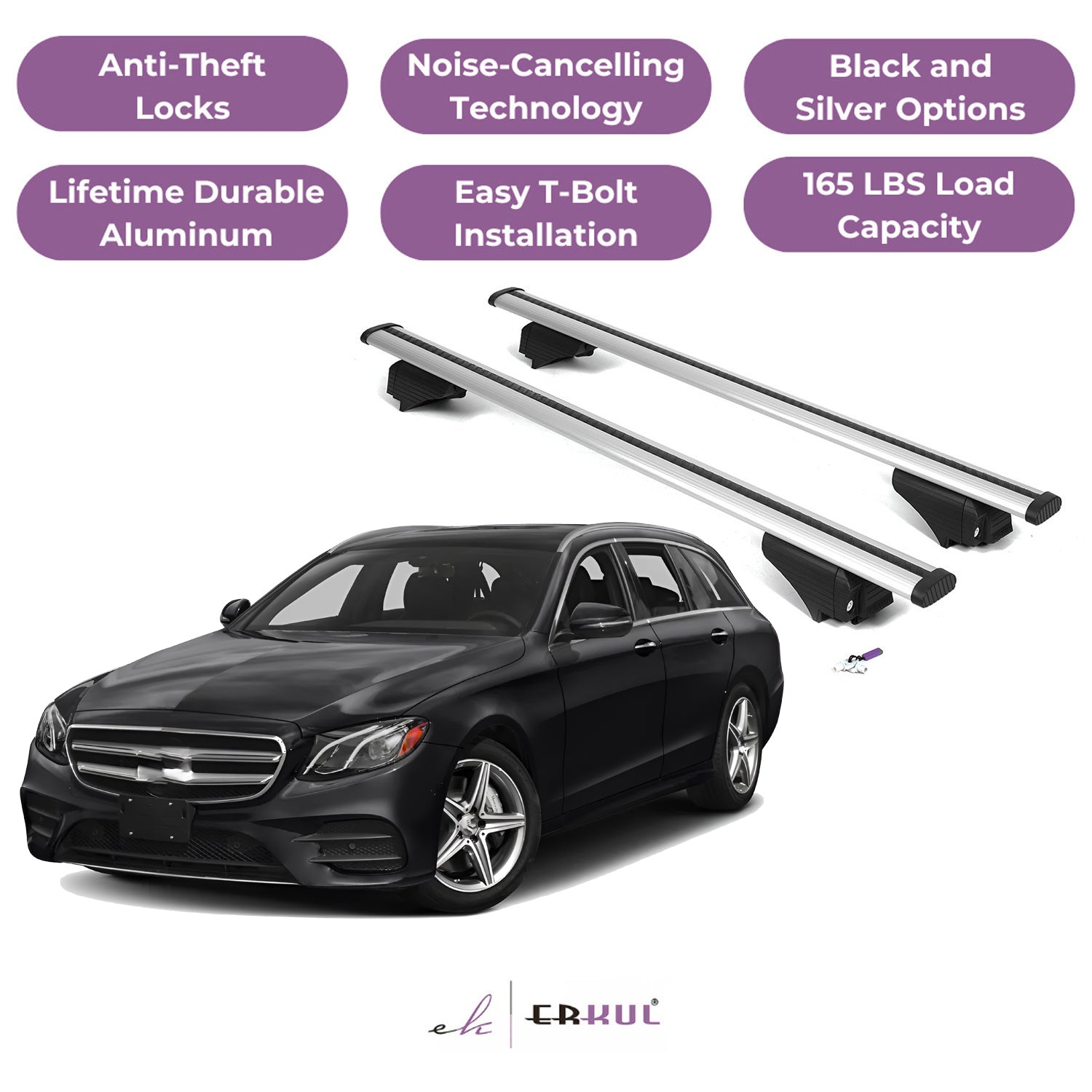 Roof Rack Cross Bars with Extended Bar Design for Mercedes Benz E-Class 2017-2023 - Silver