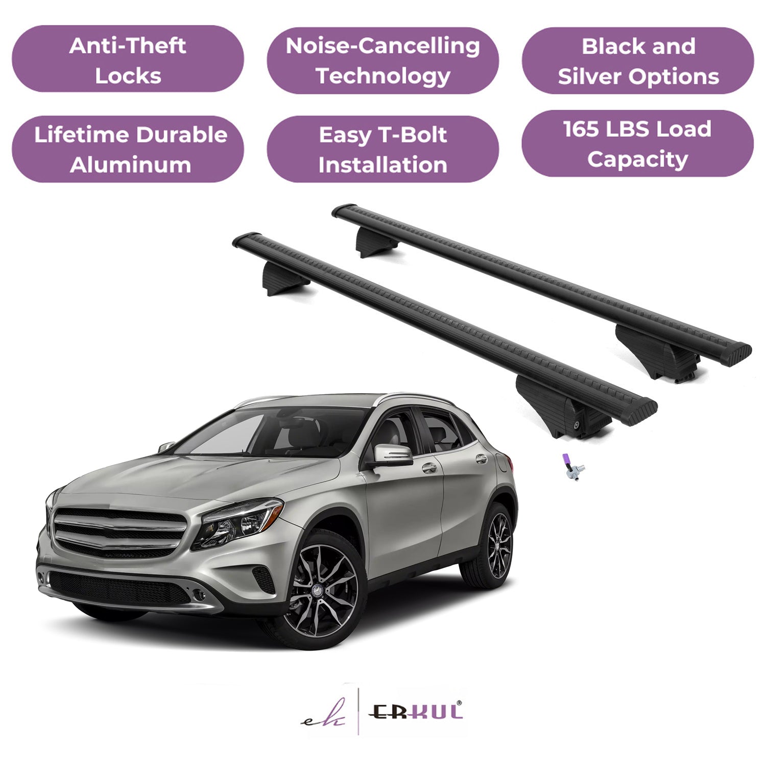 Roof Rack Cross Bars with Extended Bar Design for Mercedes Benz GLA 2014-2020  - Black