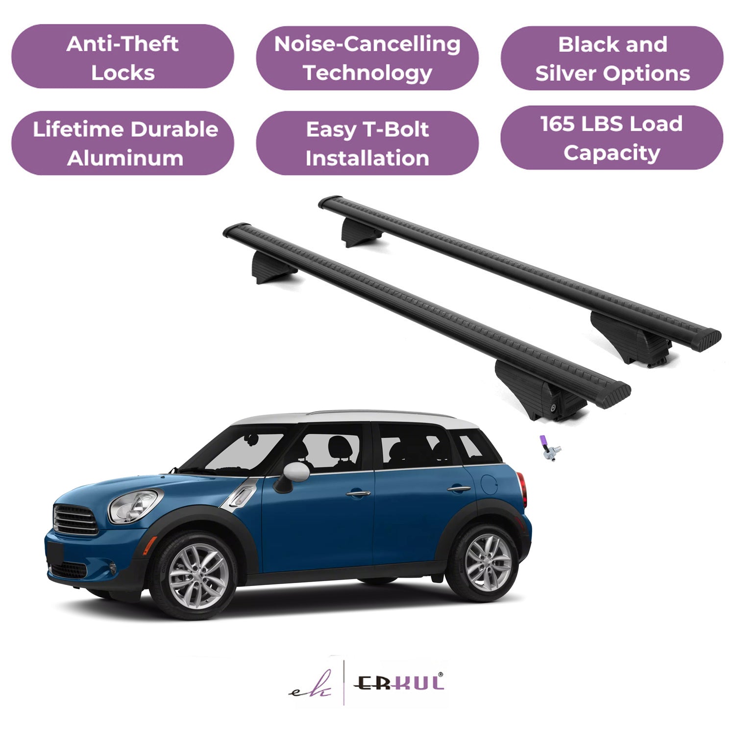 Roof Rack Cross Bars with Extended Bar Design for Mini Countryman 2011-2016  - Black