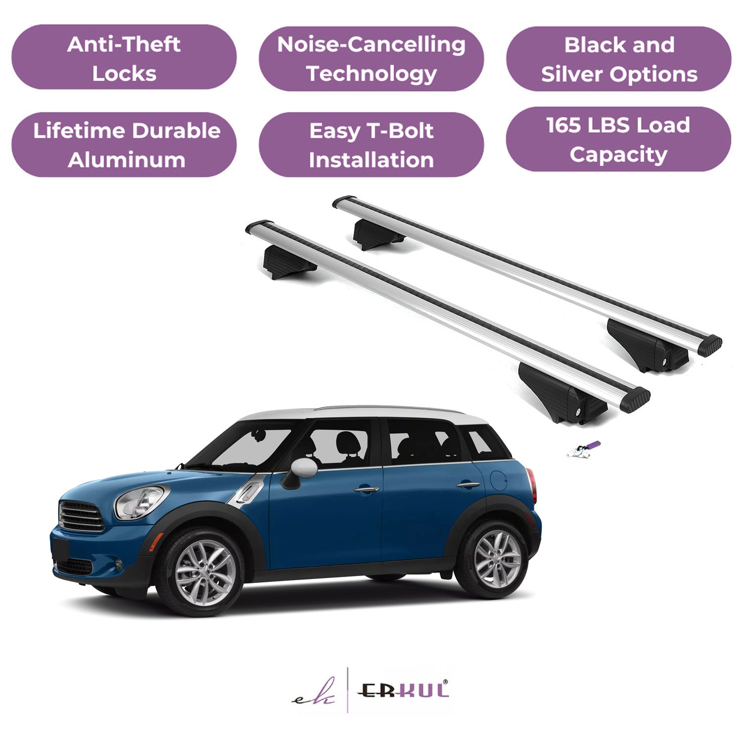ERKUL Roof Rack Cross Bars for Mini Countryman 2011-2016 - Flush Rails - Silver